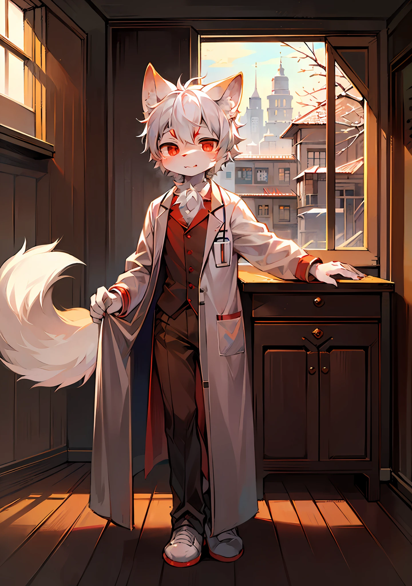 (Bright Environment: 0.8), Masterpiece, High Quality, Abstract Res, Digital Painting\(Artwork\), by Dagasi, Yupa, Kiyosan, (Anthro, Fluffy Fur, Character Focus: 1.1), Anthro Male Cat, Short Hair, Portrait , bright eyes, panorama, character focus. (detailed background: 0.7), solo, furry, furry male, male focus, anthr, (full body fur, fluffy tail, white fur, red eyes, white hair: 1.2), (long cat, doctor, coat: 1.4), (inside, day, closed institute: 1.1)