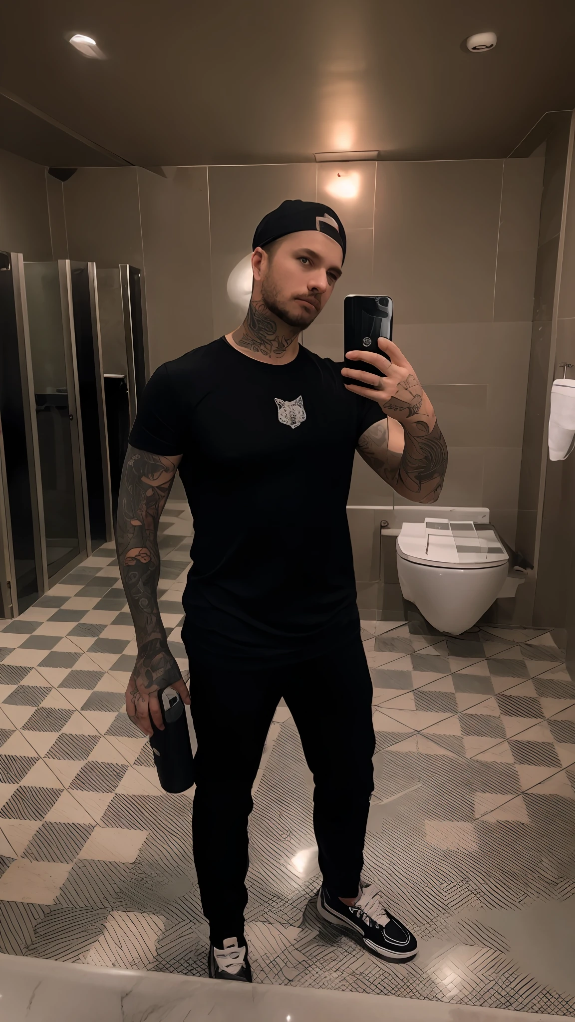 There's a man taking a selfie in a public bathroom, with tattoos, he's wearing a black T-shirt, photo fit, body of Ernest Khalimov, profile picture, wearing a black T-shirt, Christian Cline, wearing a black T-shirt, with ink, Seb McKinnon style
