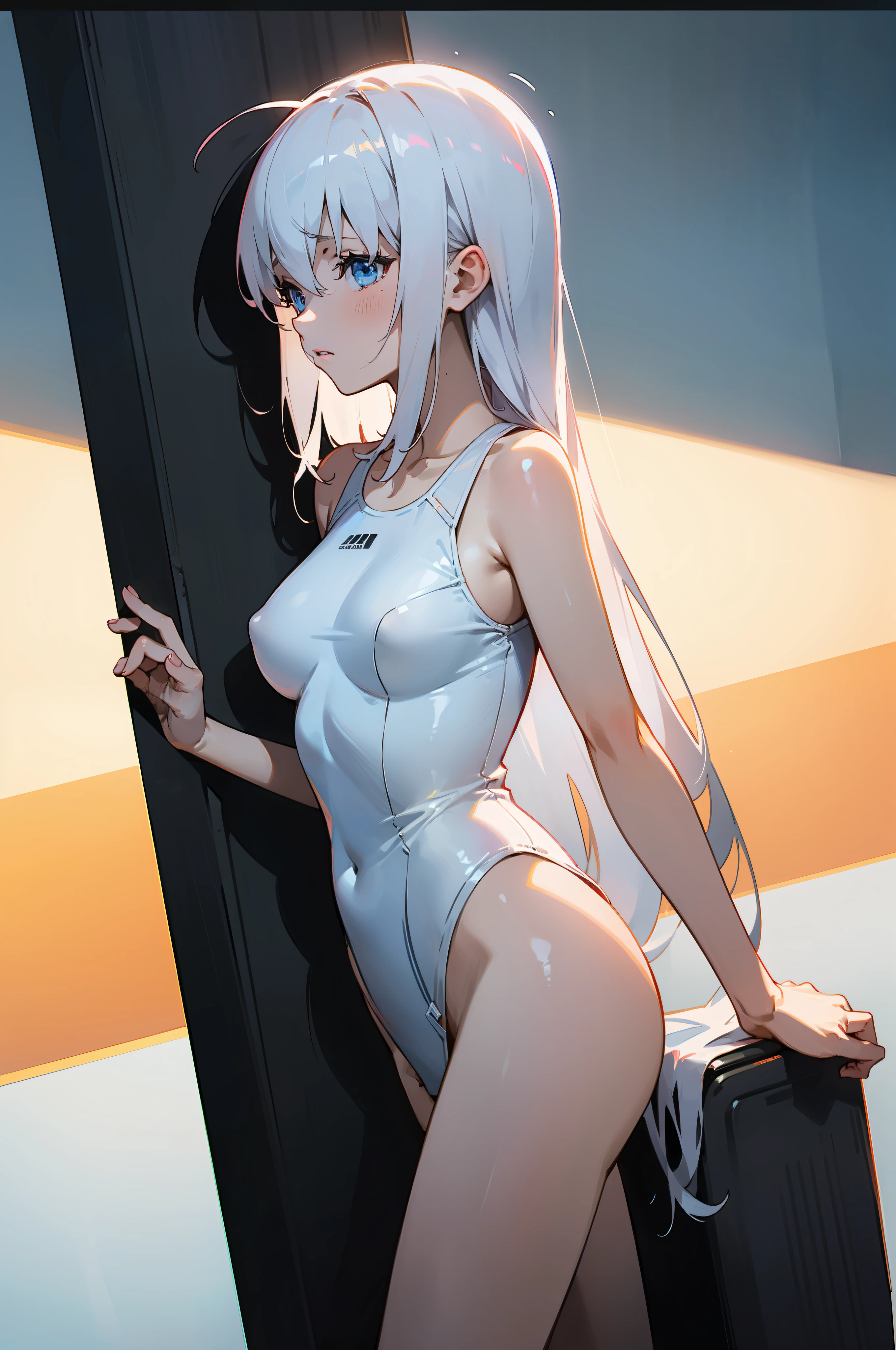 Sanjiu,masterpiece, best quality, white hair, blue eyes, white swimsuit, 1 girl,, {sexy}, melancholy, {nsfw}, {anime screen cover}, anime color,