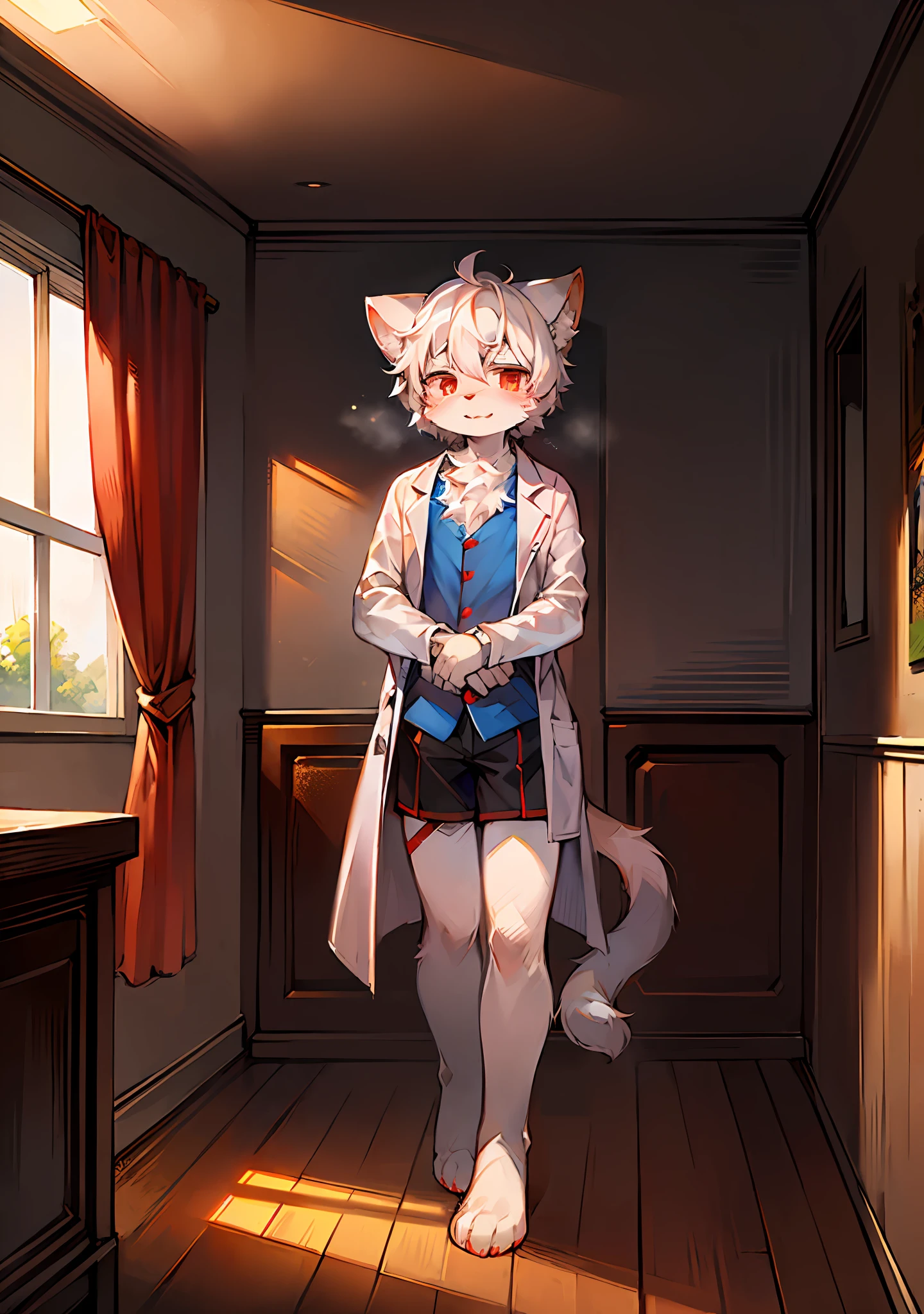 (Bright Environment: 0.8), Masterpiece, High Quality, Abstract Res, Digital Painting\(Artwork\), by Dagasi, Yupa, Kiyosan, (Anthro, Fluffy Fur, Character Focus: 1.1), Anthro Male Cat, Short Hair, Portrait , bright eyes, panorama, character focus. (detailed background: 0.7), solo, furry, furry male, male focus, anthr, (full body fur, fluffy tail, white fur, red eyes, white hair: 1.2), (long cat, doctor, coat: 1.4), (inside, day, closed institute: 1.1)