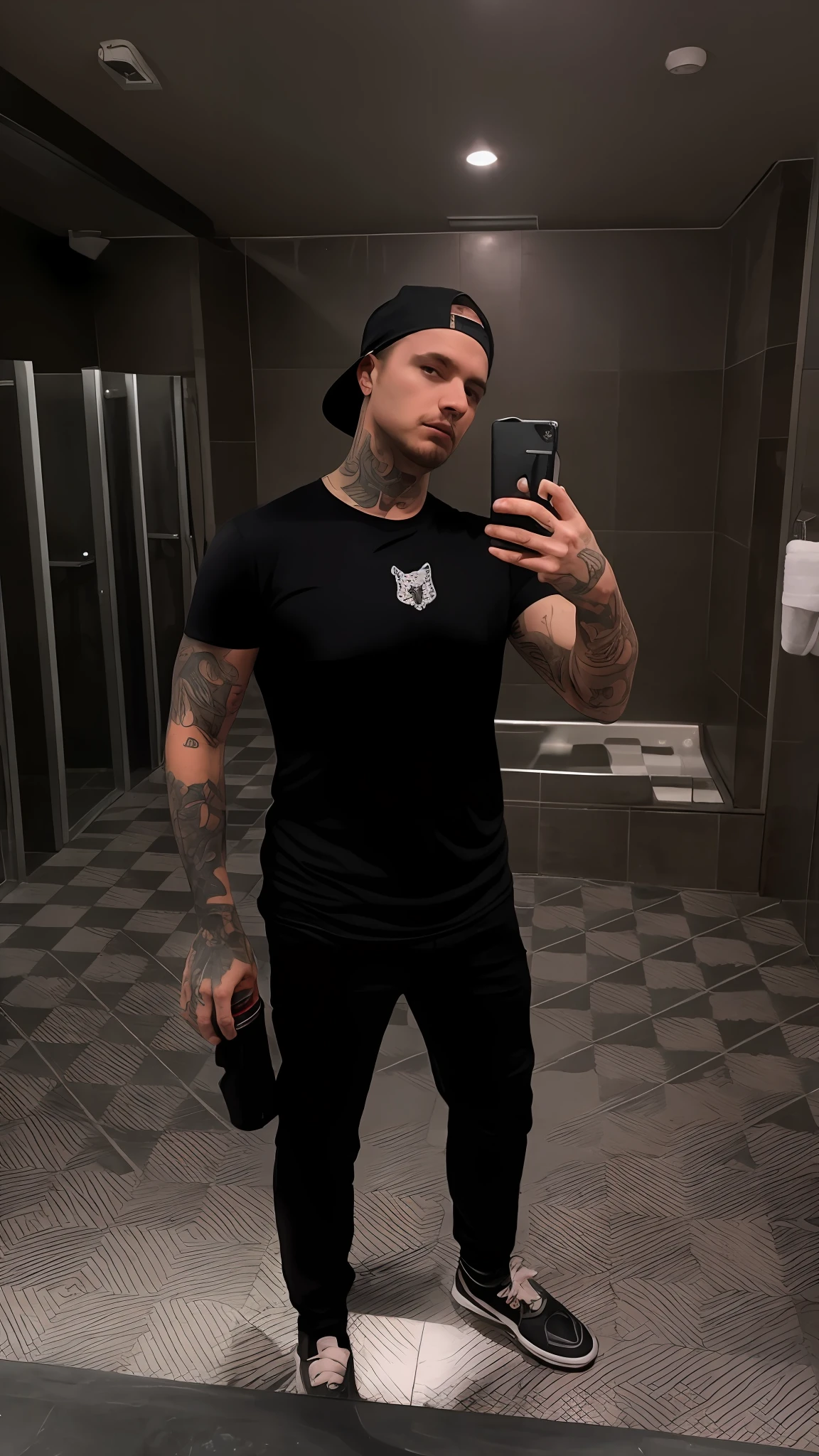 There's a man taking a selfie in a public bathroom, with tattoos, he's wearing a black T-shirt, photo fit, body of Ernest Khalimov, profile picture, wearing a black T-shirt, Christian Cline, wearing a black T-shirt, with ink, Seb McKinnon style