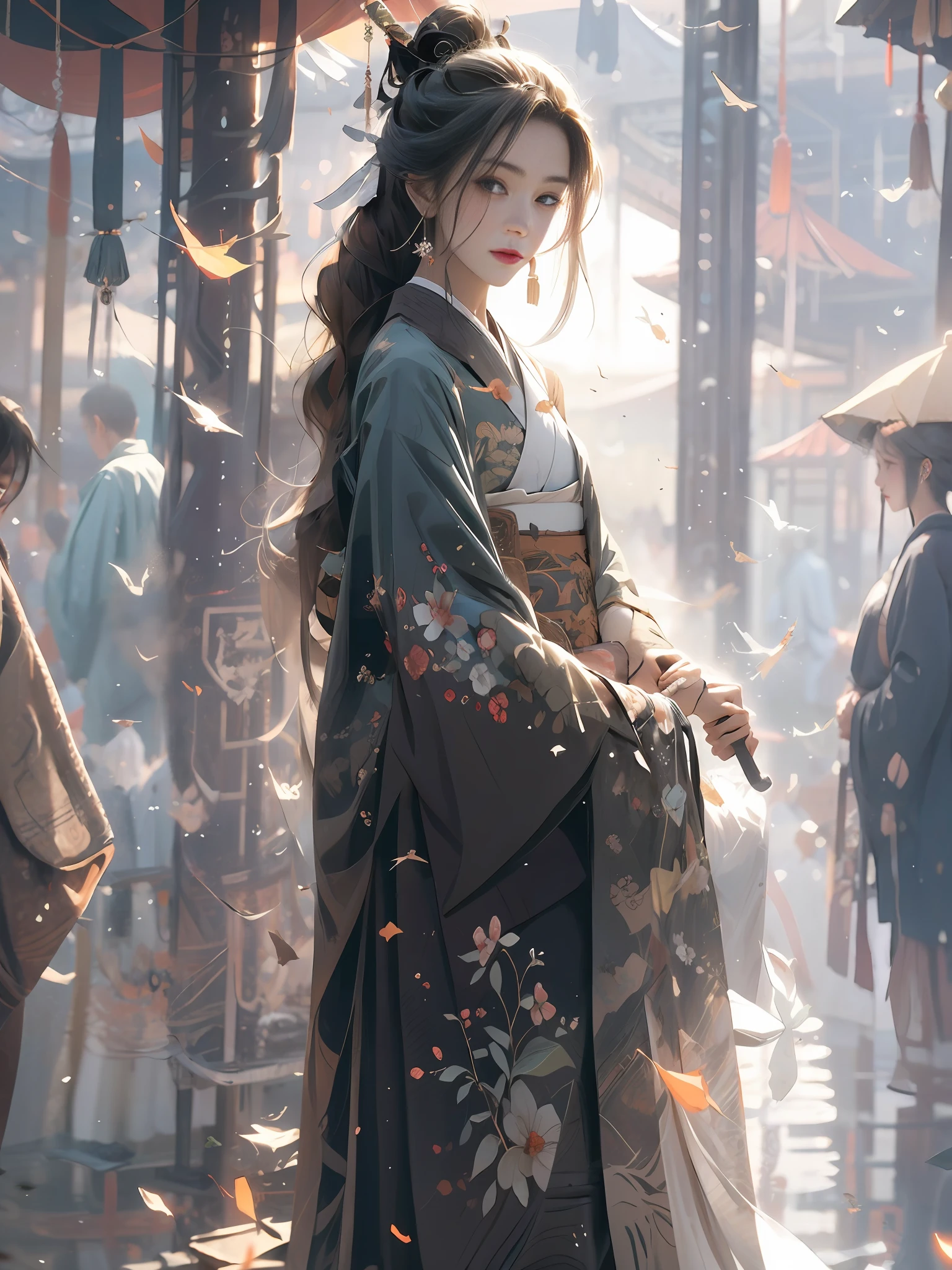 Bamboo forest, bamboo leaves falling, hazy, white hanfu, sexy, oil-paper umbrella, lantern, folding fan,