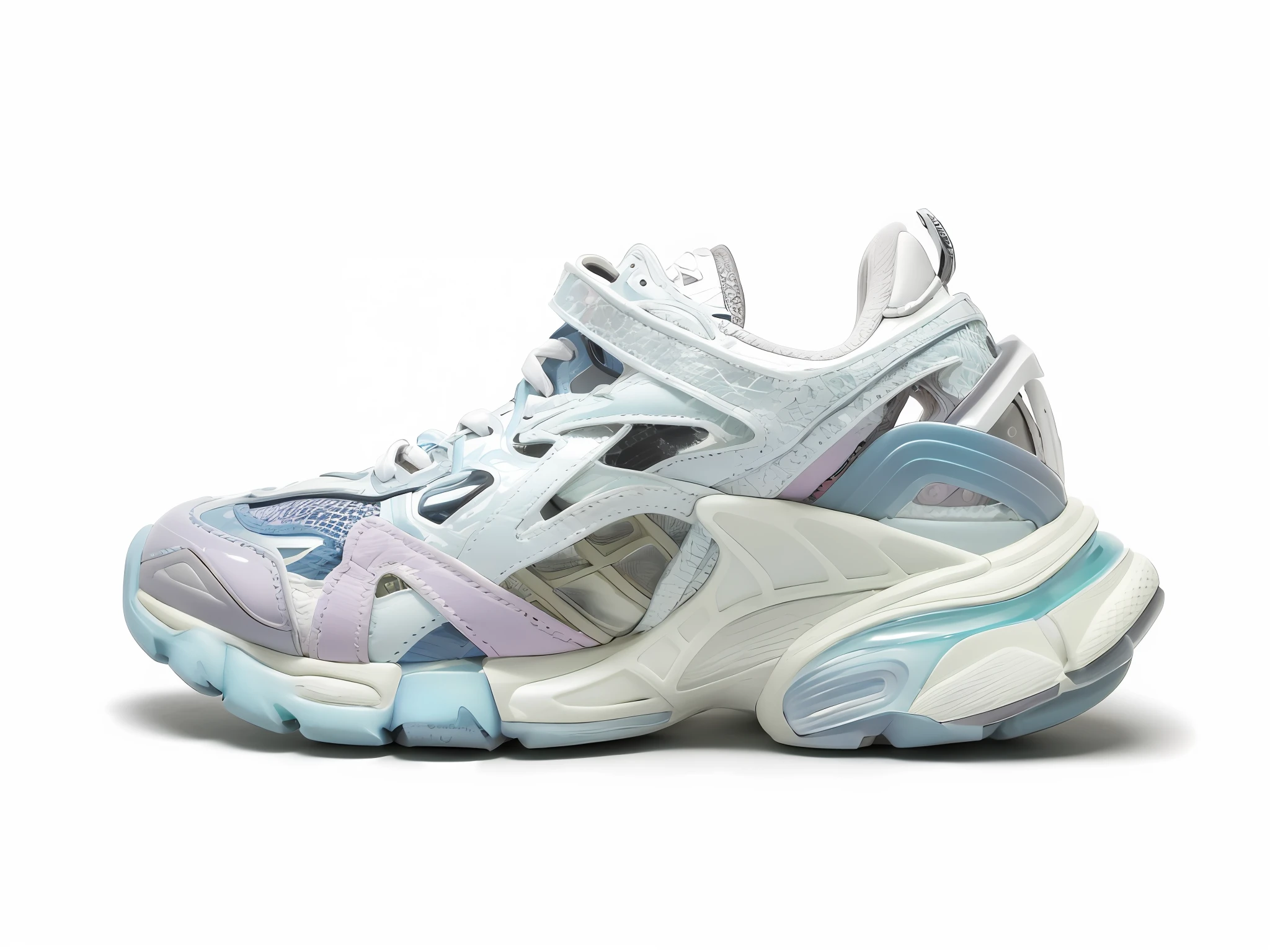 a close up of a pair of sneakers with a white and blue sole, futuristic balenciaga sneakers, balenciaga, futuristic sneakers, y2k”, raf simons, 9 0's, 90's, 2 0 2 0 fashion, full height view, 20k, platforms, inspired by Ota Bubeníček, 4 0 k, 40k
