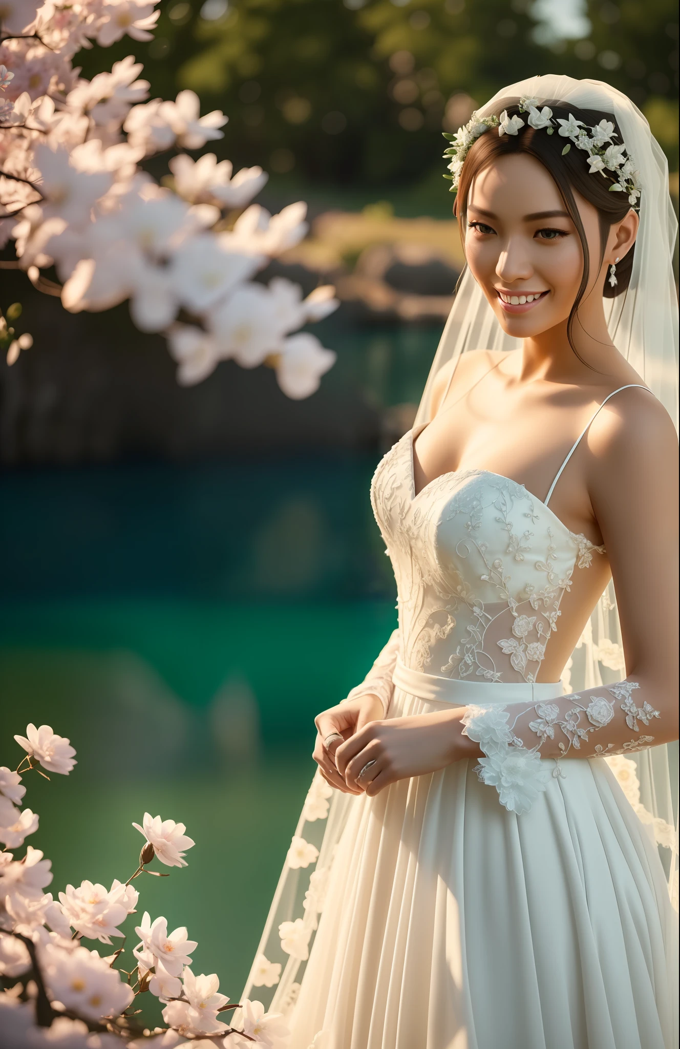 Masterpiece, highest quality, solo focus, complex
(High detail: 1.1) (Perfect face: 1.1) white wedding dress, pretty Japan woman, smiling, lace, veil, fantasy, white flowers on head, mysterious lake,
Viking origin, shining eyes, full body, Lee Jeff
Leeds Nikon D850 Film Stock Photo 4 |
Kodak Portra 400 Camera F1.6 Lens
Rich colors Ultra realistic
Realistic textures Dramatic lighting
Unreal Engine
Trending at Art Station CineStill
800 --auto