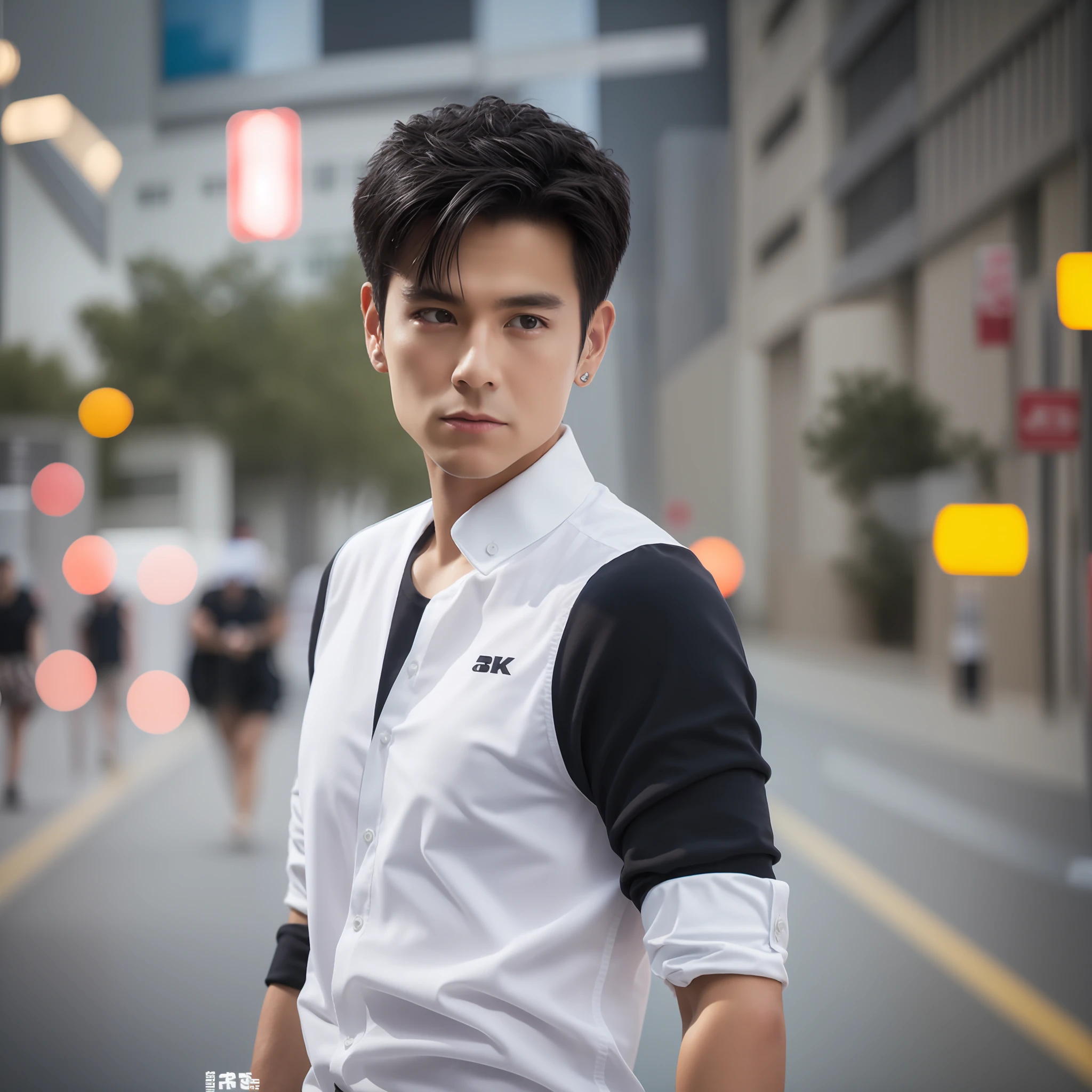 ((Best Quality, 8K, Masterpiece: 1.3)), Tyndall Effect, Realism, Light Edge, Two-tone Lighting, 8K Ultra HD, SLR, High Quality, Volume Lighting, Candid Photo, High Resolution, 4K, 8K, Background Bokeh, High Detail Hair, High Detail Skin, High Detail Face, A Handsome Man Wearing Black Suit, White Shirt, Walking on the Street, 35mm, Realistic Face, Realistic, High Detail Light and Shadow, Short Hair,