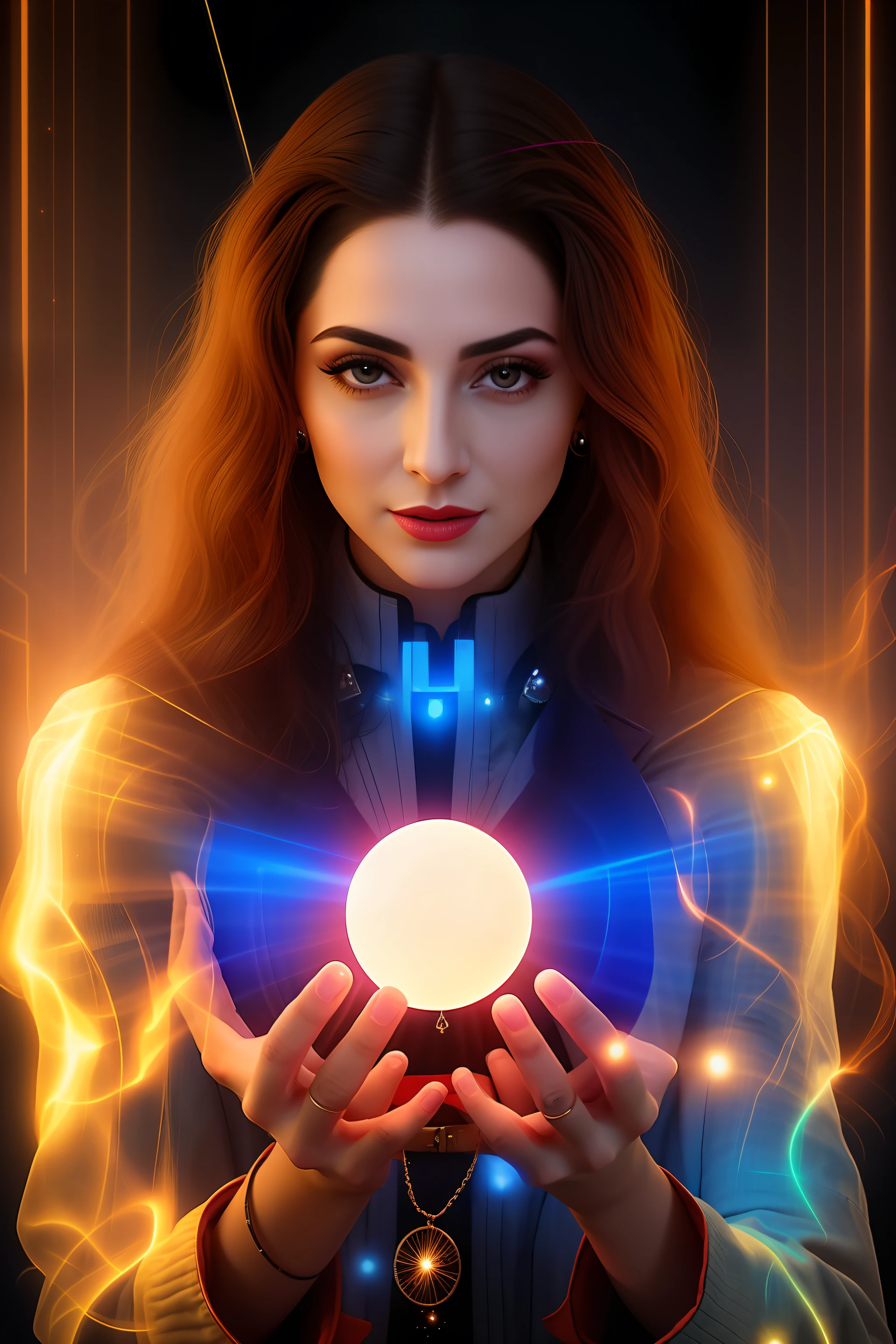 a woman holding a glowing ball in her hands, a woman holding an orb, holding a shining orb of data, emitting psychic powers, emanating magic from her palms, psychic powers, maya ali as a cyber sorceress, psychic girl, beauty woman in holograms, female mage conjuring a spell, technology and magic, casting a powerful spell