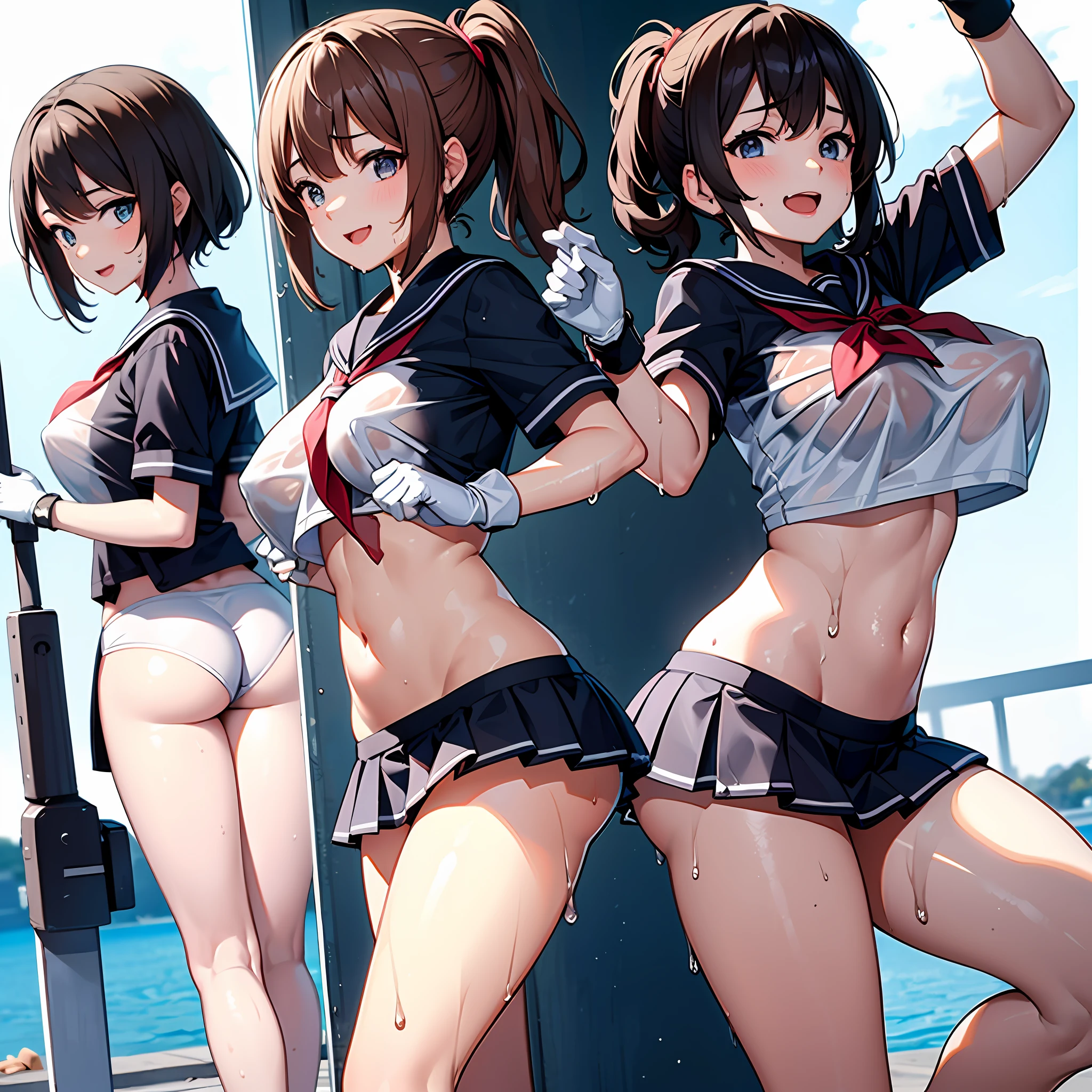 ung_teerls、loli、brhair、short_ponytail, long_bangs、blue_midriff_baring_sailor_uniform、mini_skirt、short_sleeve、thighthighs、big_tits, sleepy, Sorrisos、open_mouth、dynamic_pose, childlike_posing ,harbor,dock_background、spread_legs、happiness、NSFW、short_gloves, (wet:1.4),transparent,covered_nipples, covered_crotch, under_tits, sweat, bare_thighs, large_ass, covered_anal, back_view,