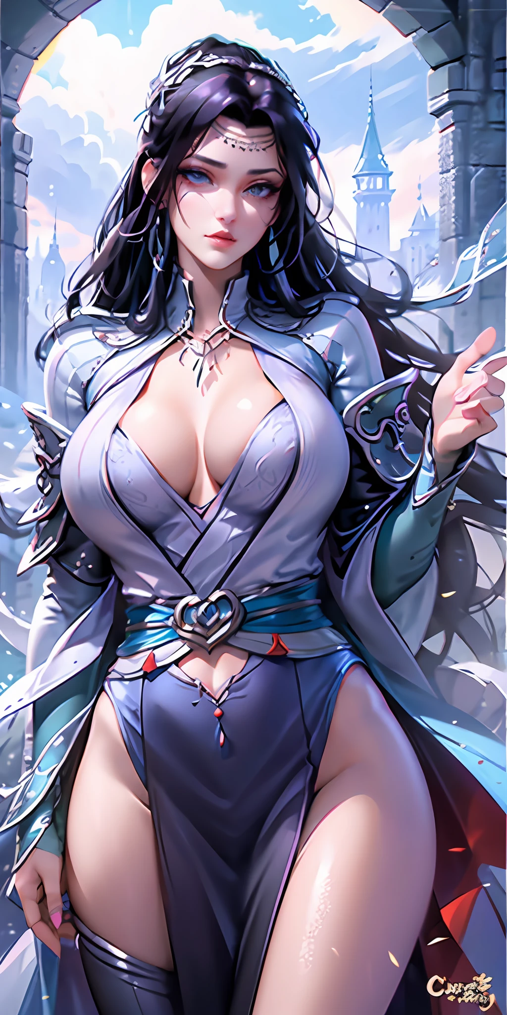 beautiful woman, (realistic:1.5), 1girl, (massive breasts, attractive body :1.2), Wallpaper HD, Standing on castle, ultra-detailed face, detailed lips, detailed eyes, double eyelid, sensual low-necked dress, open neckline, hanging breasts, Walking pose, visible curves, transparent robe, muscular turned leg, shiny body