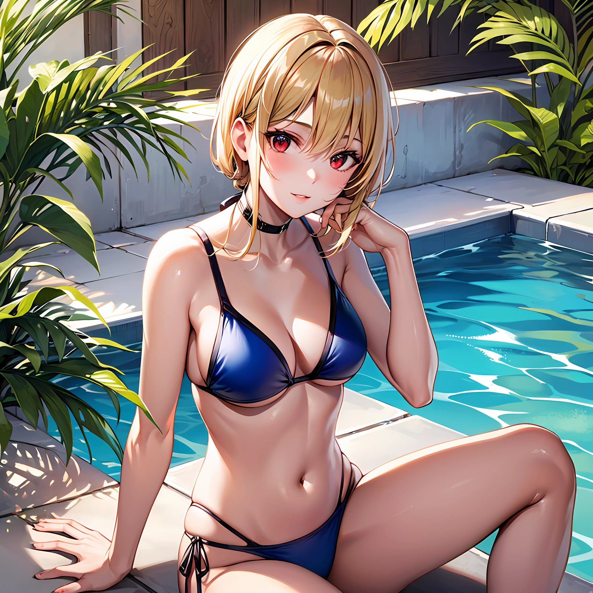blonde girl, red eyes, solo, sitting, sun, sunlight, blue bikini, poolside, sitting