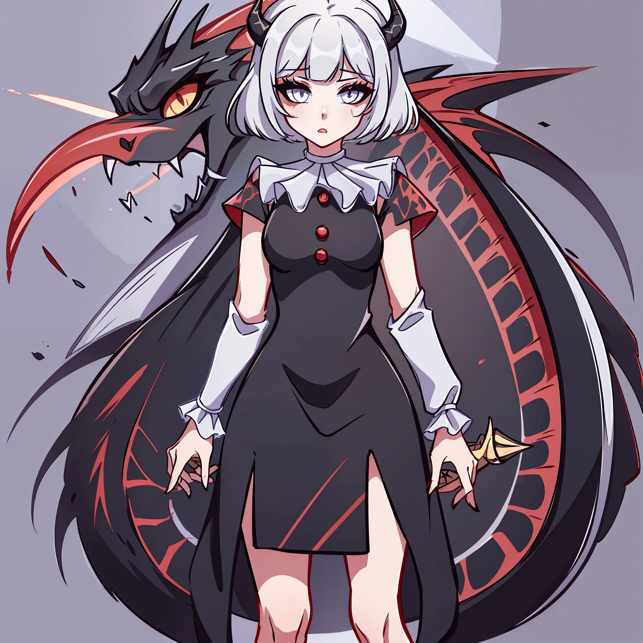 (Best quality: 1.0), (super high res: 1.0), extremely detailed character, detailed Hands, half-dragon girl, horns, scales on the neck, scales on the shoulders, scales on the forearm, scales on the cheek, dragon's tail, extremely detailed hair, short hair, ((white hair)), ((black locks)), extremely detailed eyes, eye with different colors, white right eye and the left being black, dragon eyes, 2d, anime art, ((child)), ((full body)), standing, medieval, Rpg,