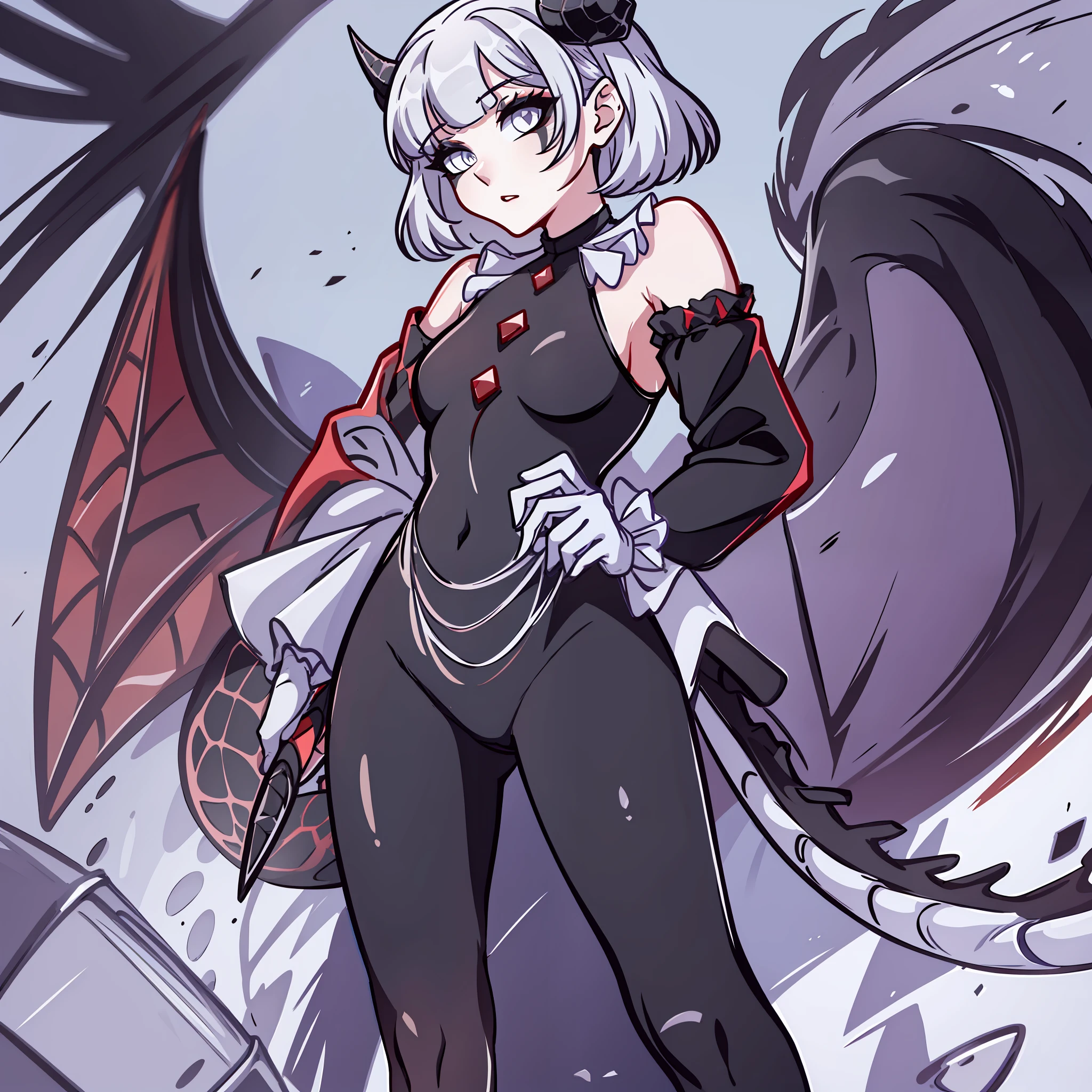 (Best quality: 1.0), (super high res: 1.0), extremely detailed character, detailed Hands, half-dragon girl, horns, scales on the neck, scales on the shoulders, scales on the forearm, scales on the cheek, dragon's tail, extremely detailed hair, short hair, ((white hair)), ((black locks)), extremely detailed eyes, eye with different colors, white right eye and the left being black, dragon eyes, 2d, anime art, ((child)), ((full body)), standing, medieval, Rpg,