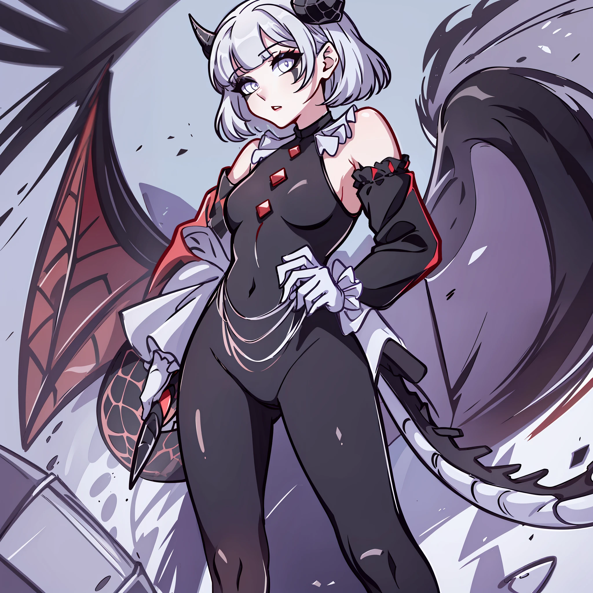 (Best quality: 1.0), (super high res: 1.0), extremely detailed character, detailed Hands, half-dragon girl, horns, scales on the neck, scales on the shoulders, scales on the forearm, scales on the cheek, dragon's tail, extremely detailed hair, short hair, ((white hair)), ((black locks)), extremely detailed eyes, eye with different colors, white right eye and the left being black,  dragon eyes, 2d, anime art, (()), ((full body)), standing, medieval, Rpg,