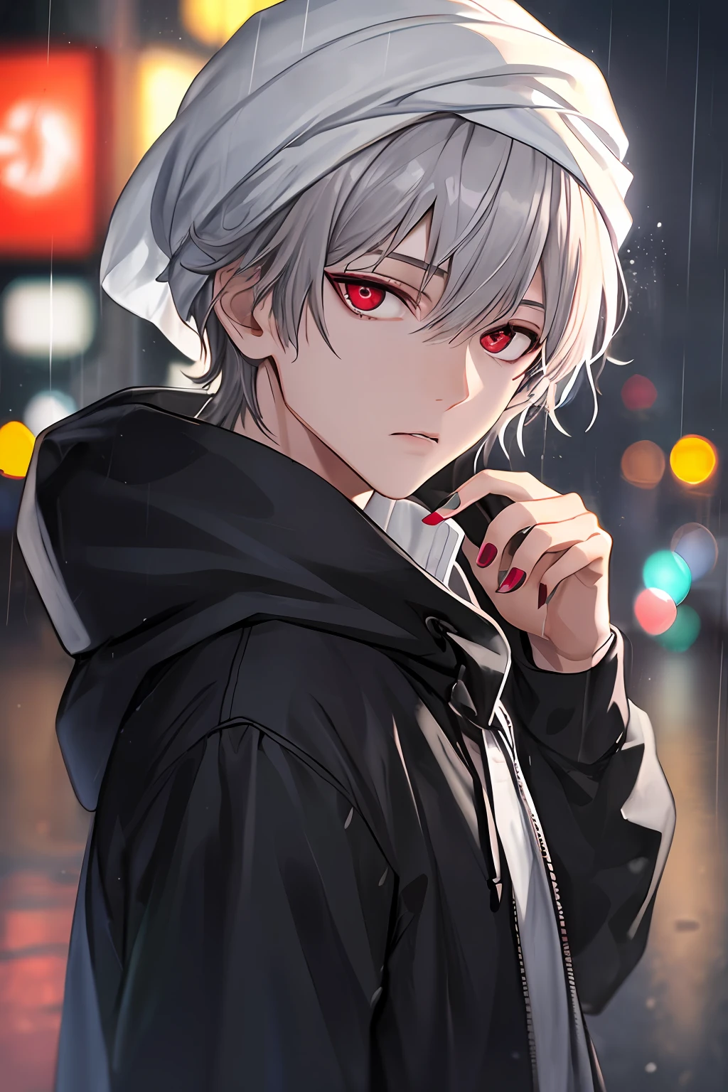 kk, best quality, more details, mastery, 1boy, kaneki ken, portrait, male focus, red eyes, solo, bangs, looking at viewer, hood, short hair, rain, tokyo tokyo \(city\), turban, nail polish , gray hair, luxury, 8k, detail, ray tracing, depth of field, movie lighting,