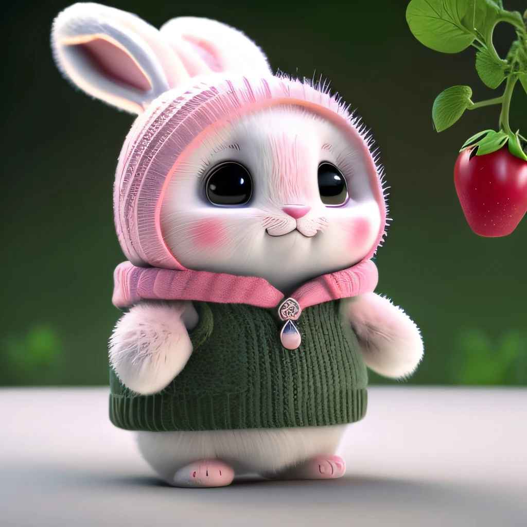 : 3. bunny, realistic, furry animal, apple, black eye, blush, cherry, food, fruit, full body, hat, non-human, strawberry, tomato, watermelon
