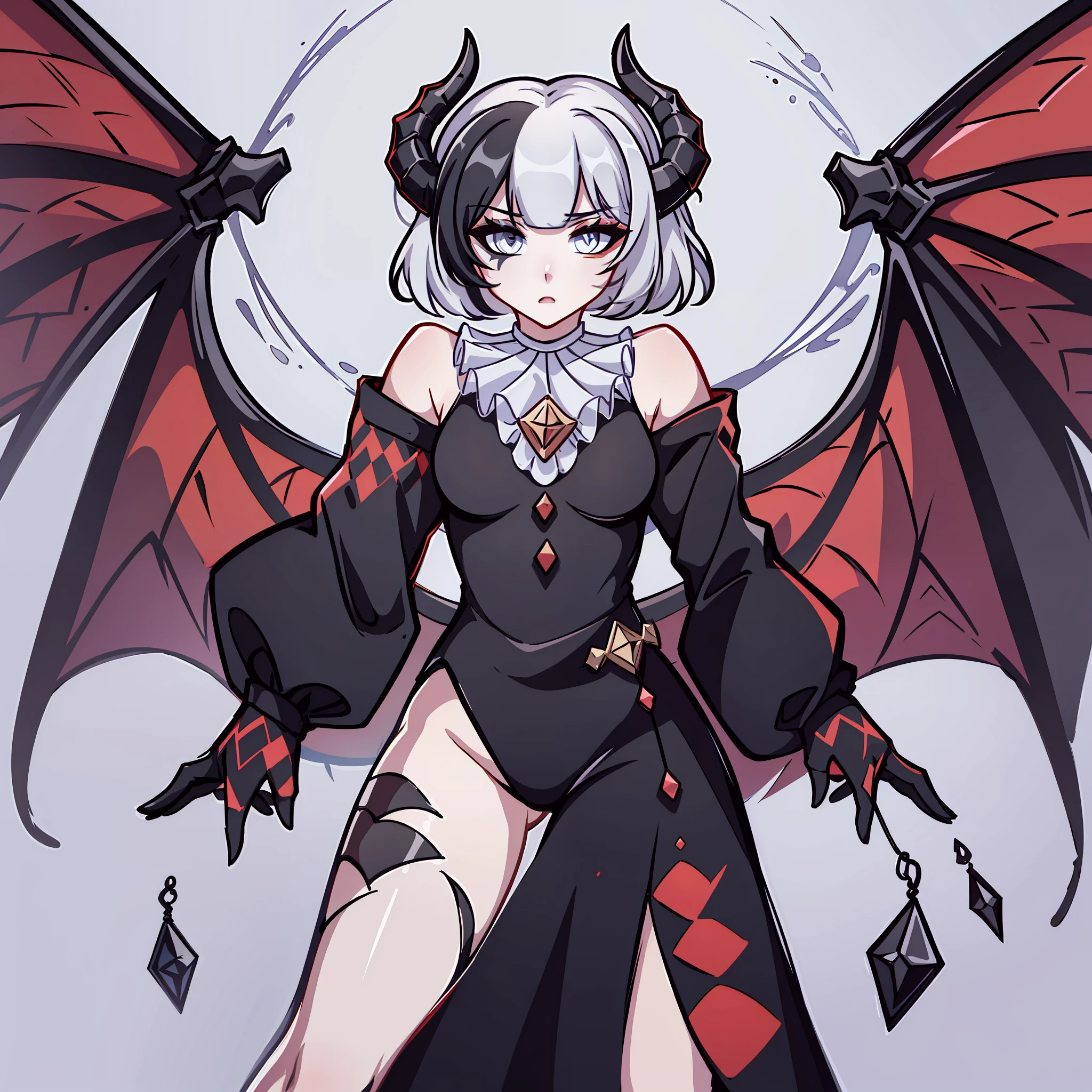 (Best quality: 1.0), (super high res: 1.0), extremely detailed character, detailed Hands, half-dragon girl, horns, scales on the neck, scales on the shoulders, scales on the forearm, scales on the cheek, dragon's tail, extremely detailed hair, short hair, ((white hair)), ((black locks)), extremely detailed eyes, (eye with different colors being the right white and the left being black), dragon eyes, 2d, anime art, , ((full body)), standing, medieval, rpg, bare shoulders