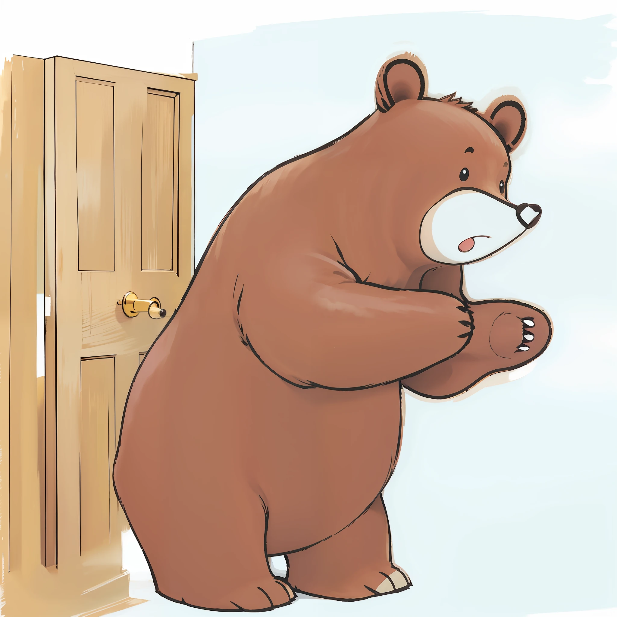 In a bright room, a bear cub stands by the door