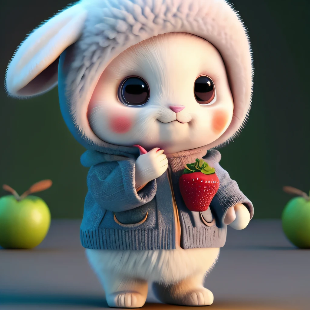 : 3. bunny, realistic, furry animal, apple, black eye, blush, cherry, food, fruit, full body, hat, non-human, strawberry, tomato, watermelon