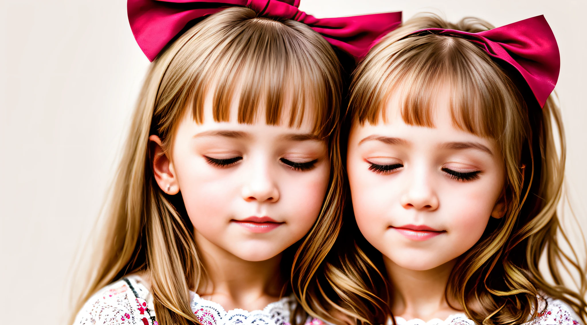 Russian style, girl , photo studio white infinite background, close-up, bust, portrait, long hair BLONDES GIANT BOW CLOSED EYES,