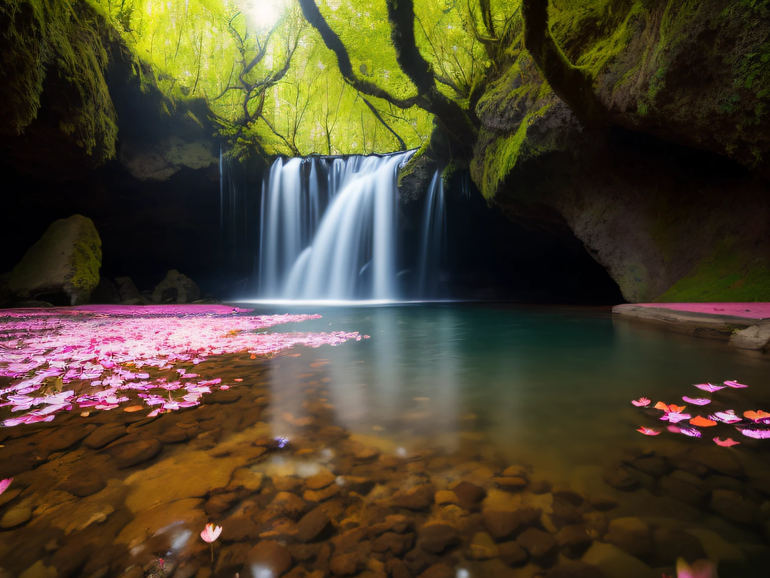 masterpiece, abstract color, texture, film grain, lake, big cherry, pink petals, pink petals fluttering, light fog, fantastic, complex DSLR RAW, cherry blossoms, beautiful lake, crystal clear lake, lots of mossy rocks, sunshine, halo, landscape wide angle ultra-detailed matte painting, analog style, (sharp focus: 1.3), (spring water source: 1.3) 、