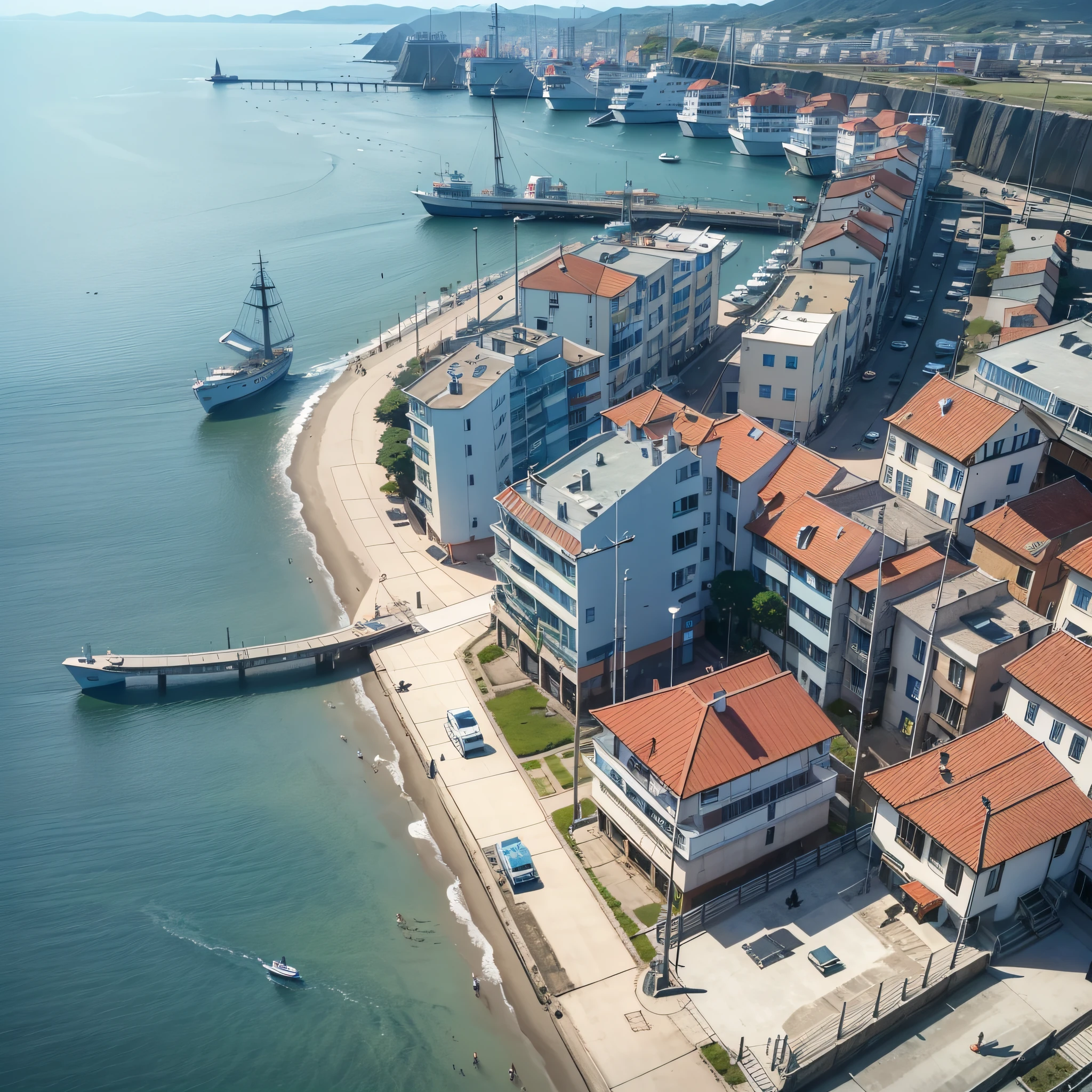 High aerial view of the seaside pier, birds, big ships, small towns (the town by the sea in the background) anime style 4 K, anime rendering, anime style. 8K, (upper body display 1.5) (cinematic lighting 1.5)