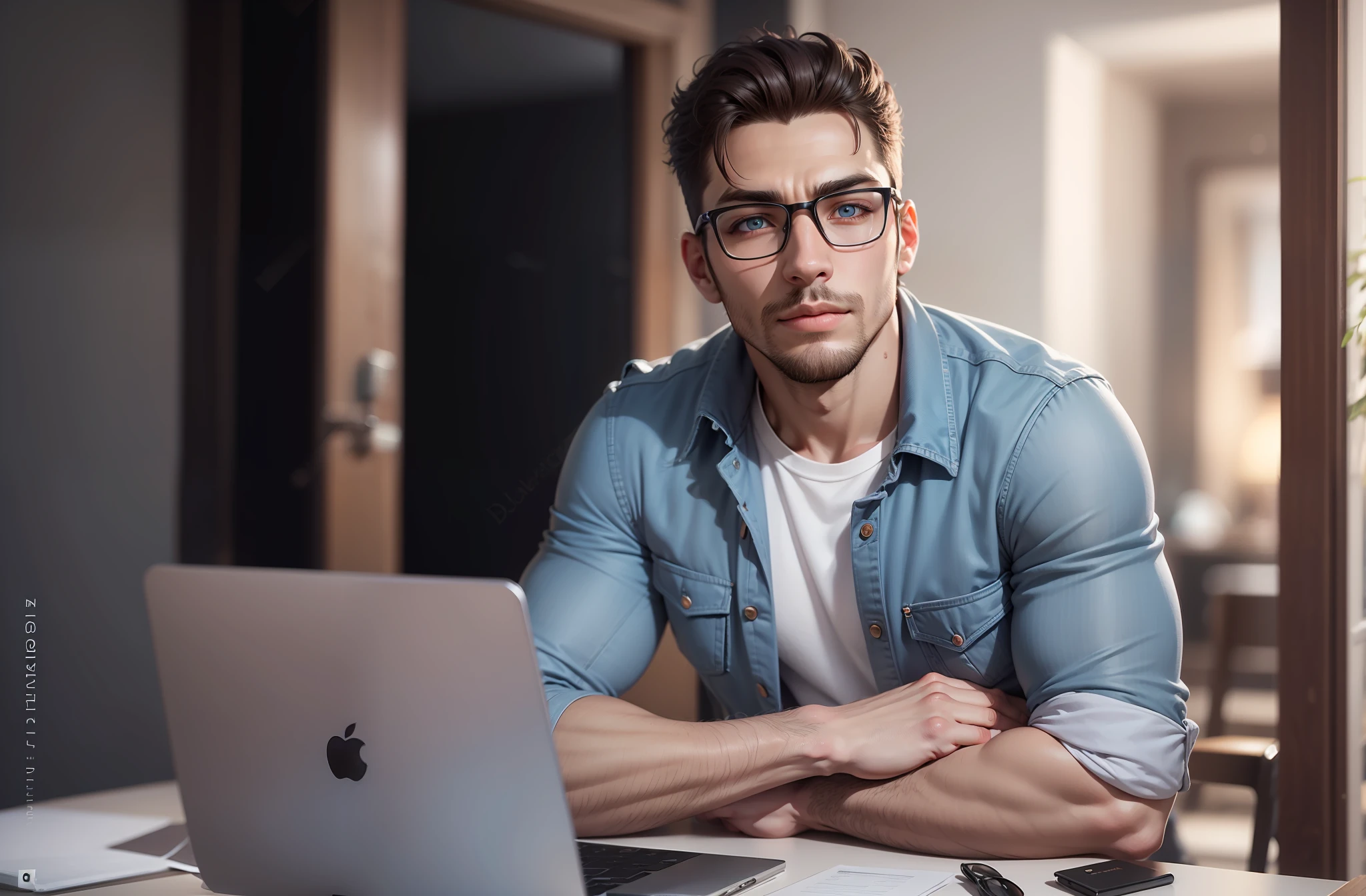 Good bright coloured background , highly detailed face , handsome face , well groomed man , well dressed , bright colour , detailed eyes , a window in the background, ultra realistic, 8k