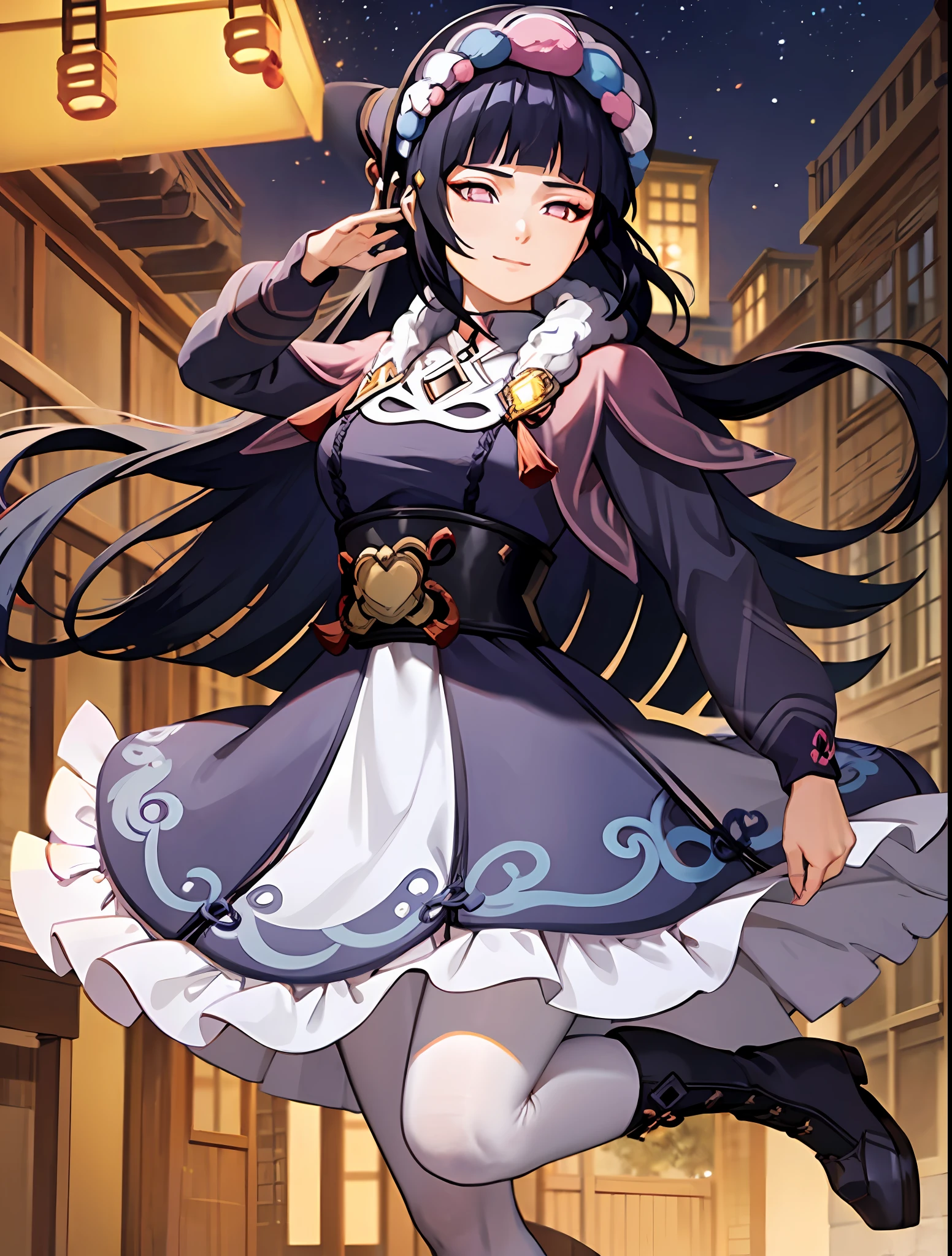 ((masterpiece:1.2)), best quality, (pretty face), dramatic lighting,1girl, solo, blunt bangs, hime cut, black corset, dark blue hair, collar, mascara, long hair, sidelocks, floating hair, looking at viewer, (makeup), pink capelet, qi ta, purple eyes, puffy long sleeves, bonnet, purple dress, (large breasts), (under bust), light smile, skirt, (purple pantyhose), (wind blowing skirt), anime screencap, (night sky), east asian architecture, Liyue, tassel, black footwear, (half closed eyes), genshin impact, boots, (full body view), (purple eyes:1.3), hyuuga hinata as yun jin, standing elegant