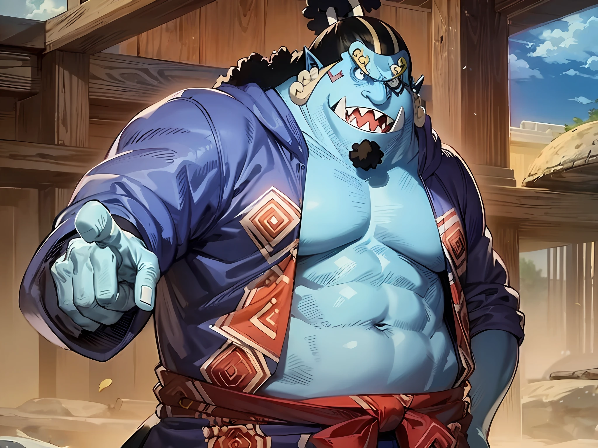 a man standing wearing yukata, jinbei_oyabun, jinbei, blue skin, fang, no human, muscular, closeup, fat belly, furry shark, fish boy, fangs, tusk, fat tendencies, detailed facae, pupils, extremely detail