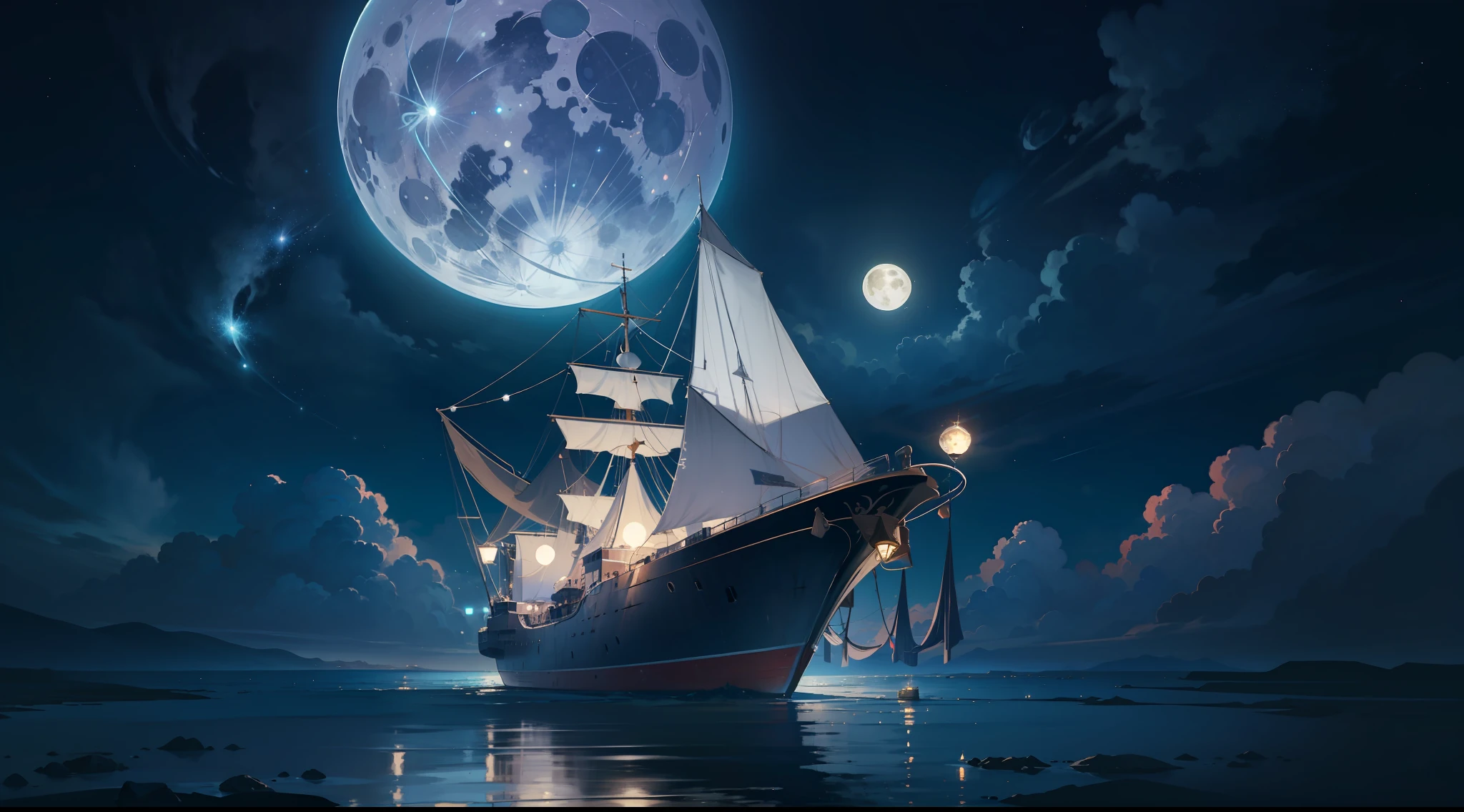 starry night sky with a boat and a full moon, in the astral plane ) ) ), surreal space, magnificent background, 4k highly detailed digital art, dreamlike digital painting, beautiful sci fi art, endless cosmos in the background, universe in the sky, space art, beautiful space, amazing wallpaper, beautiful image ever created, astral appearance, floating in the universe