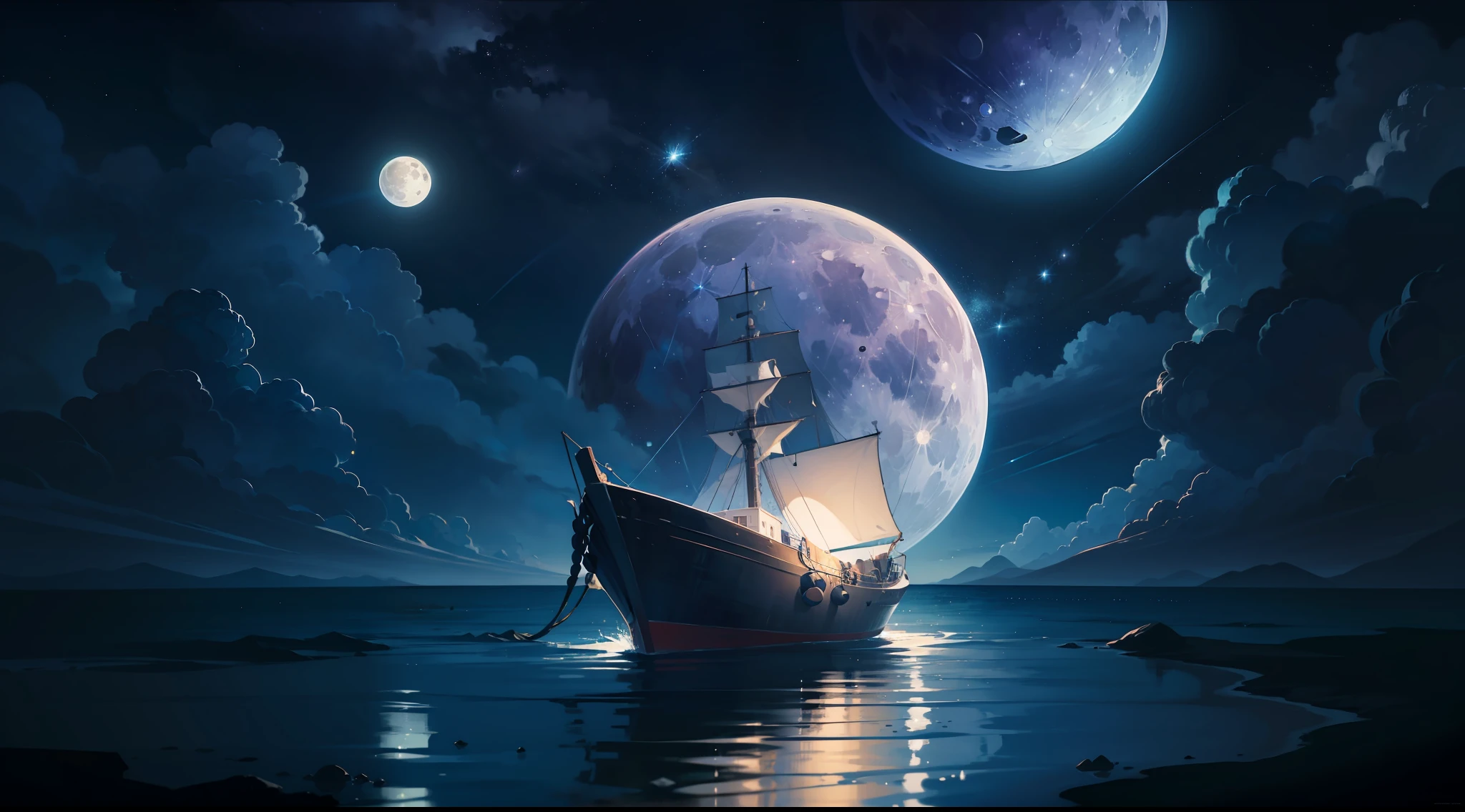 starry night sky with a boat and a full moon, in the astral plane ) ) ), surreal space, magnificent background, 4k highly detailed digital art, dreamlike digital painting, beautiful sci fi art, endless cosmos in the background, universe in the sky, space art, beautiful space, amazing wallpaper, beautiful image ever created, astral appearance, floating in the universe