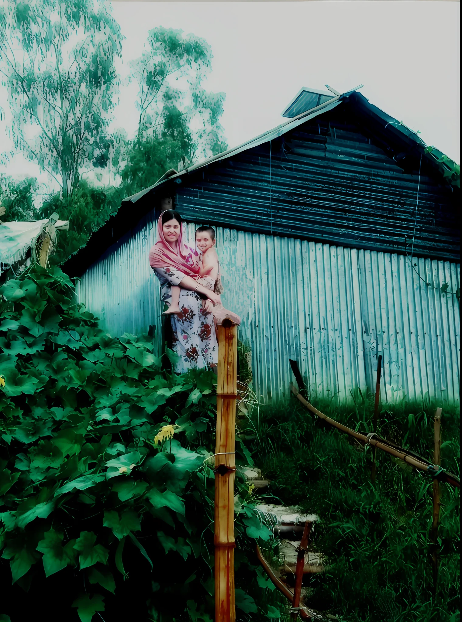 there are two women standing on a wooden fence in front of a building, photographed on colour film, film shot, analogue photo low quality, in a village, photographed on damaged film, 3 5 mm portrait, photographed in film, photo 35mm, low quality photograph, 3 5 mm photo, 35mm photo, 35 mm photo, 35mm color photo