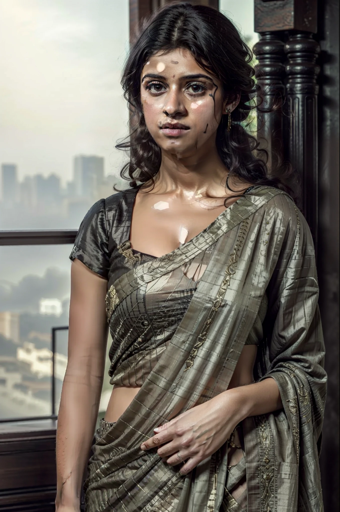 4ny4, ((saree)), full body, ((cinematic look)), extremely detailed, photo_\(ultra\), photorealistic, realistic, post-processing, max detail, roughness, real life, ultra realistic, photorealism, photography, 8k uhd, photography, SEMI-SILHOUETTE light