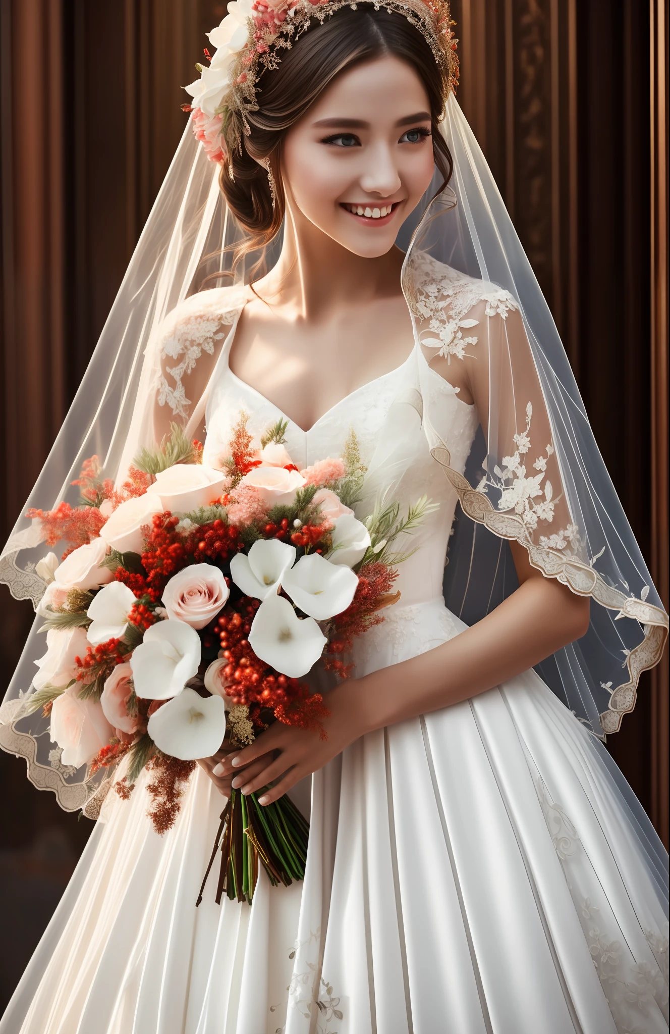 Masterpiece, highest quality, solo focus, complex
(High detail: 1.1) (Perfect face: 1.1) white wedding dress, pretty Japan woman, lace, veil, fantasy, white flowers on head, bouquet in hand,
Viking origin, shining eyes, smile, light, brilliance, Lee Jeff
Leeds Nikon D850 Film Stock Photo 4 |
Kodak Portra 400 Camera F1.6 Lens
Rich colors Ultra realistic
Realistic textures Dramatic lighting
Unreal Engine
Trending at Art Station CineStill
800 --auto