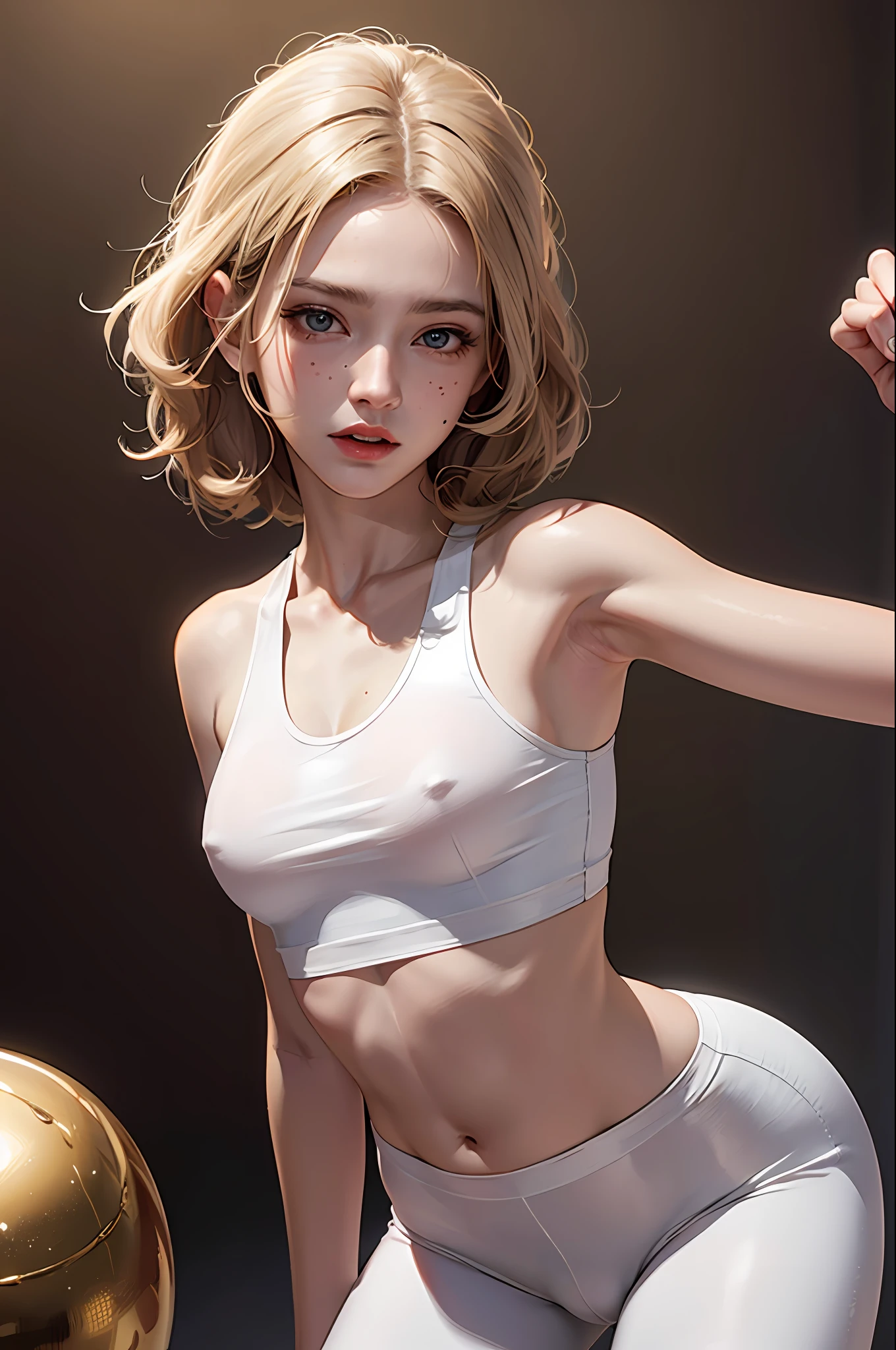 (Ultra Real), (Illustration), (High Resolution), (8K), nsfw,(Very detailed), (Best Illustration), (Beautiful Detailed Eyes), (Best Quality), (Ultra Detailed), (Masterpiece), (Wallpaper), (Detailed Face), Solo 1 Girl, White Wavy Hair, Korean, Iris Heterochromic Eyes, Small moles under the eyes, Loose white shirt, Yoga Pants,, Long legs, Tight abs, Camel Toes, Dynamic Poses