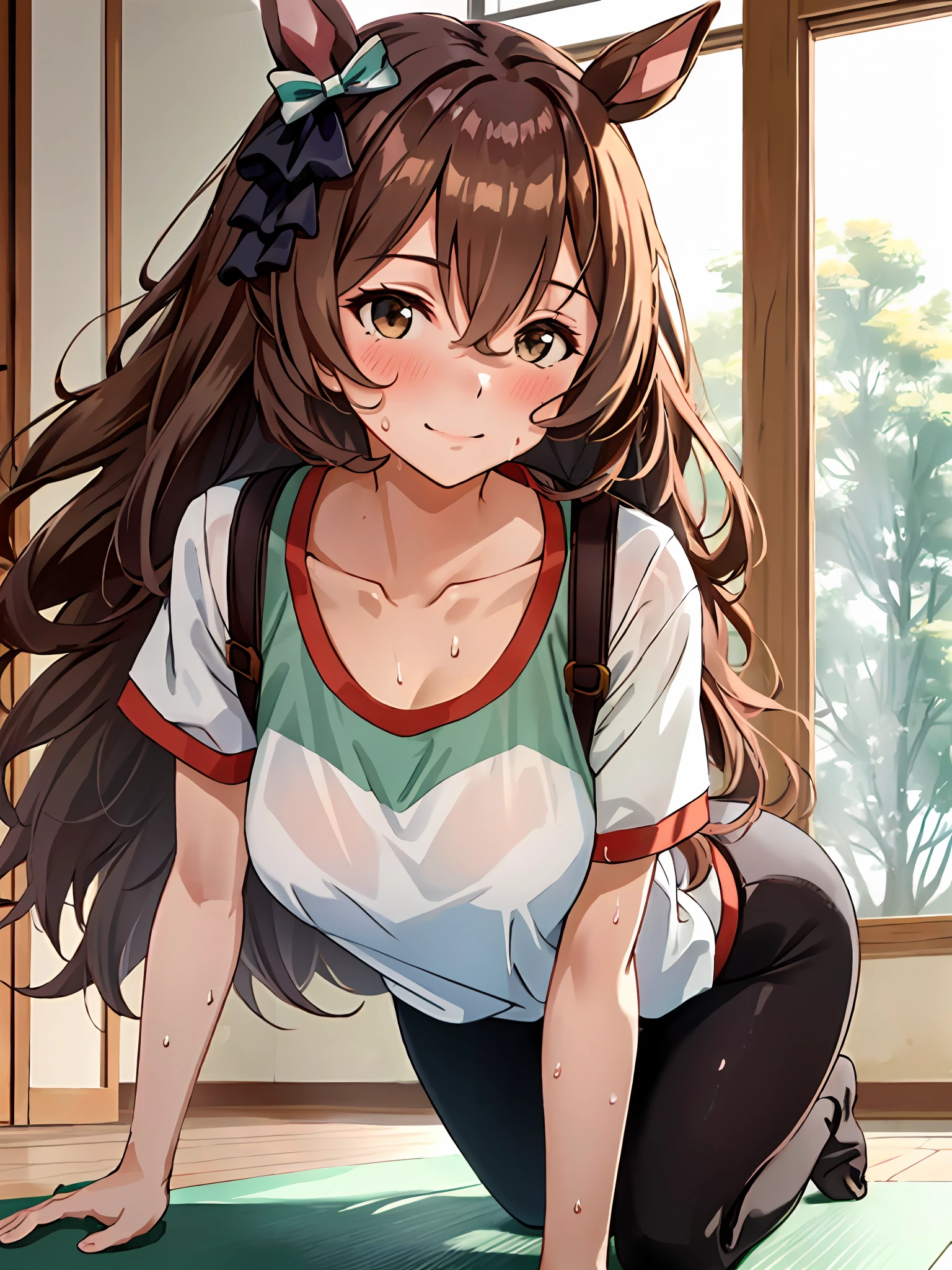 mejiro_bright_(umamusume), 1girl, solo, umamusume, horse girl, horse ears, horse tail, brown eyes, brown hair, long hair, light smile, ear bow, horse tail,solo, minimal Yoga clothes, embarrassed, (open-minded, intimate), yoga studio, sweat leggs, all fours, intricated clothing, analogous colors, glowing shadows,