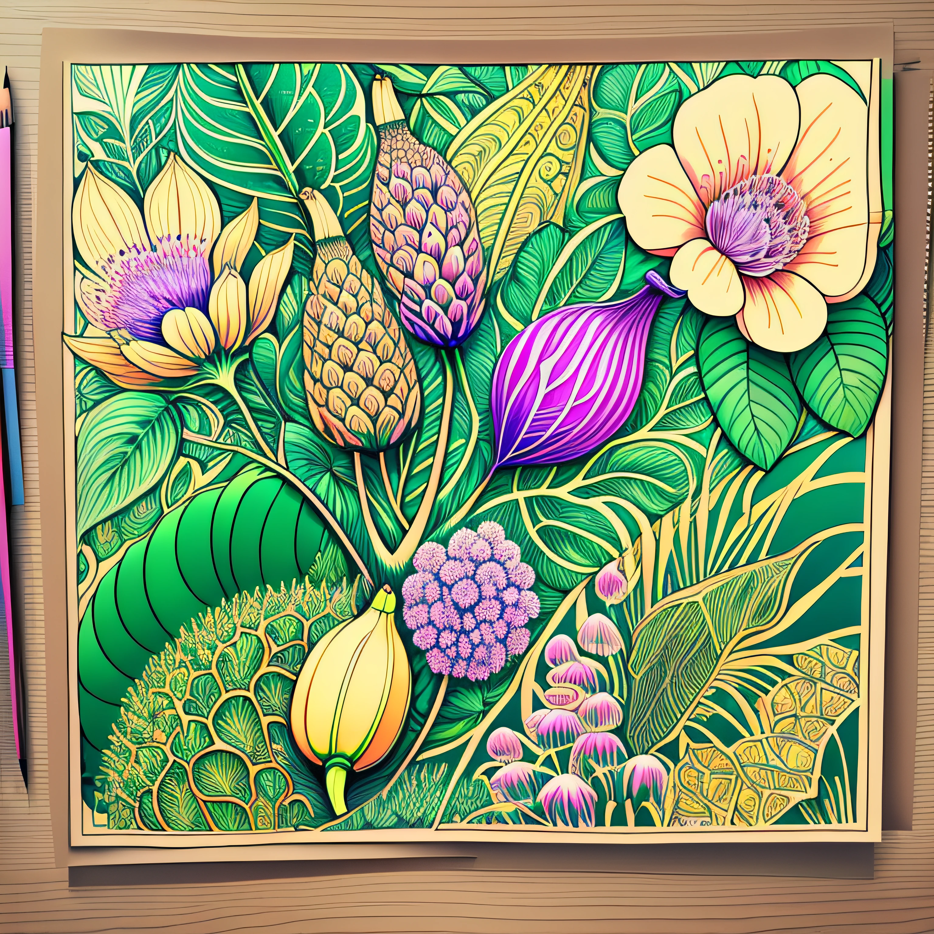 Line drawings,bananas、botanical,Polychromatic,Colorful and rich,