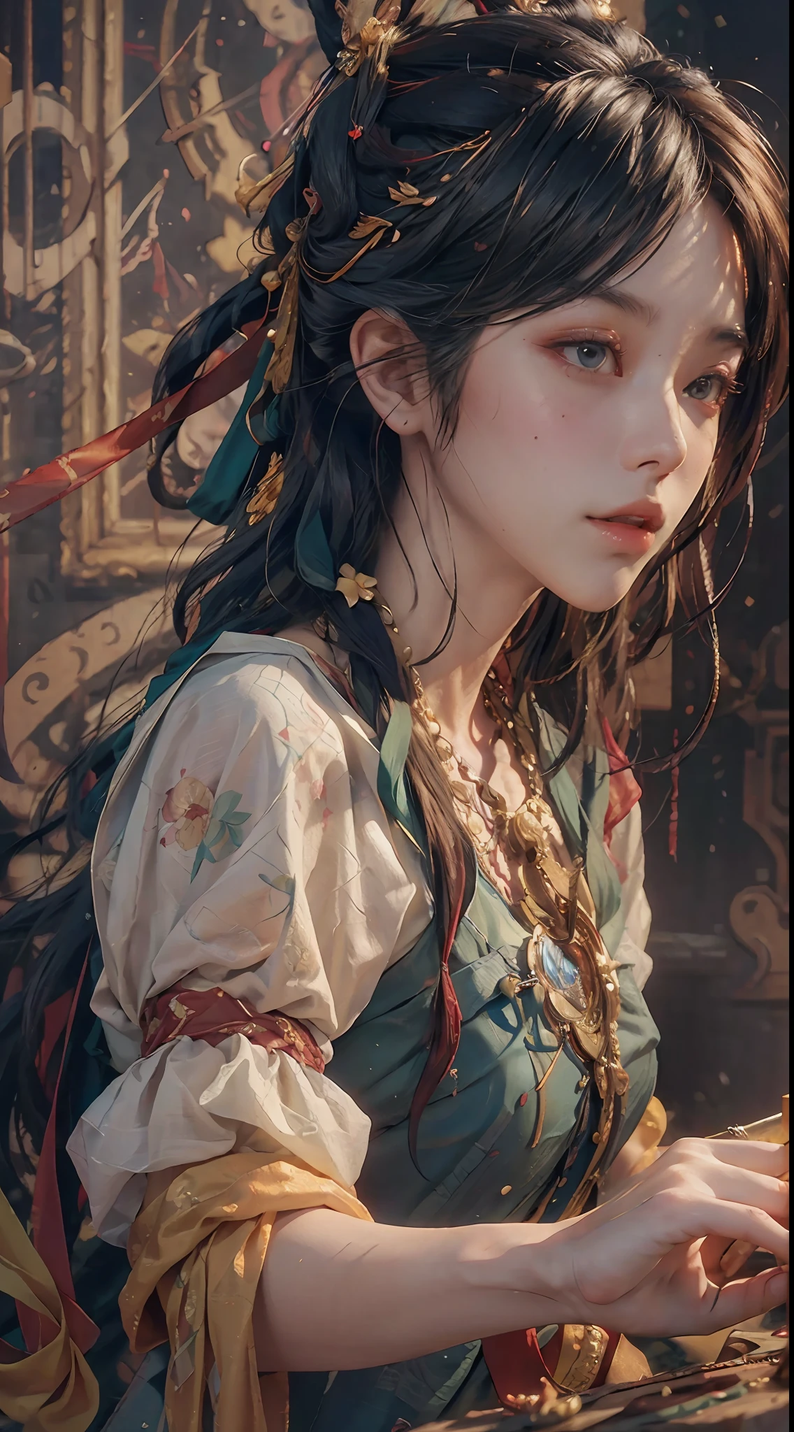 (RAW photo, best quality), (realistic, photo-realistic:1.3),best quality,highly detailed,masterpiece,ultra-detailed,illustration,1girl,upper_body,dynamic angle,world masterpiece theater,messy_long_hair,best quality,extremely detailed CG unity 8k wallpaper,ink,Amazing,cinematic lighting,lens_flare, dunhuang_style