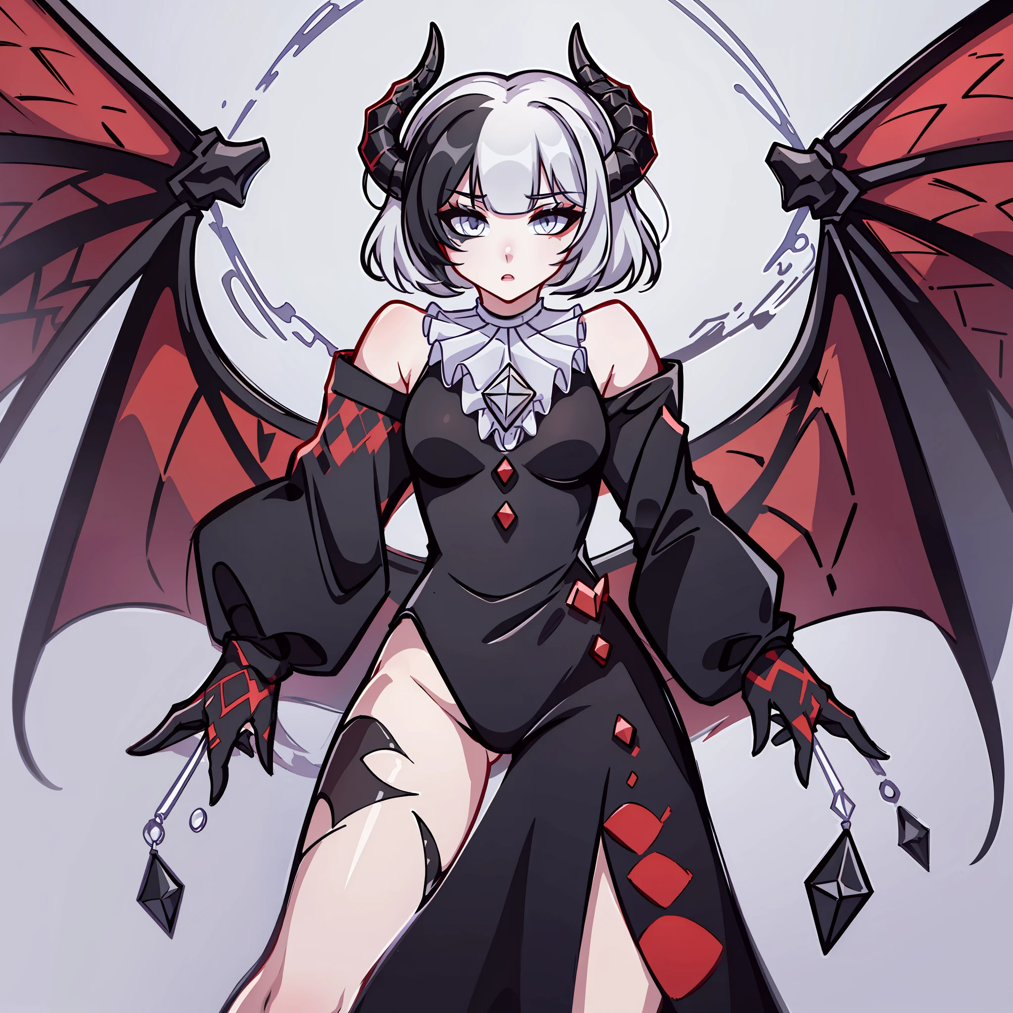 (Best quality: 1.0), (super high res: 1.0), extremely detailed character, detailed Hands, half-dragon girl, horns, scales on the neck, scales on the shoulders, scales on the forearm, scales on the cheek, dragon's tail, extremely detailed hair, short hair, ((white hair)), ((black locks)), extremely detailed eyes, (eye with different colors being the right white and the left being black),  dragon eyes, 2d, anime art, child, ((full body)), standing, medieval, rpg, bare shoulders