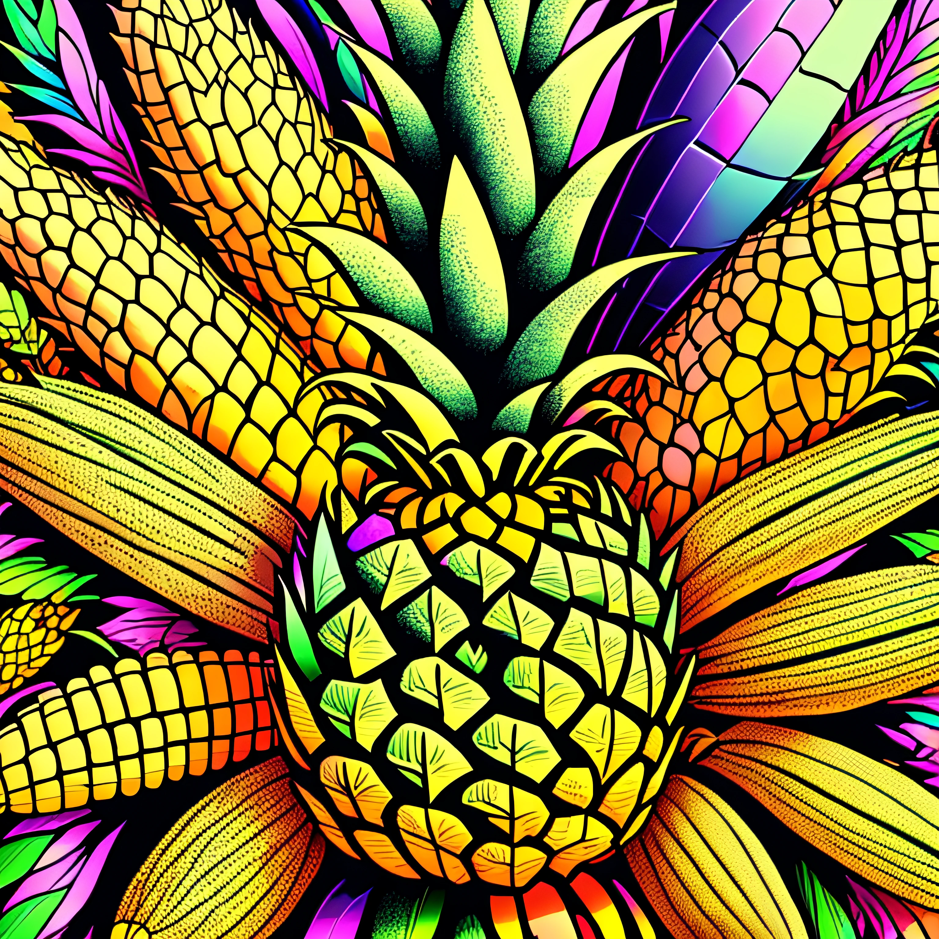 Line drawings,Pineapple,bananas,Cannabis,corn,botanical,Polychromatic,Colorful and rich,