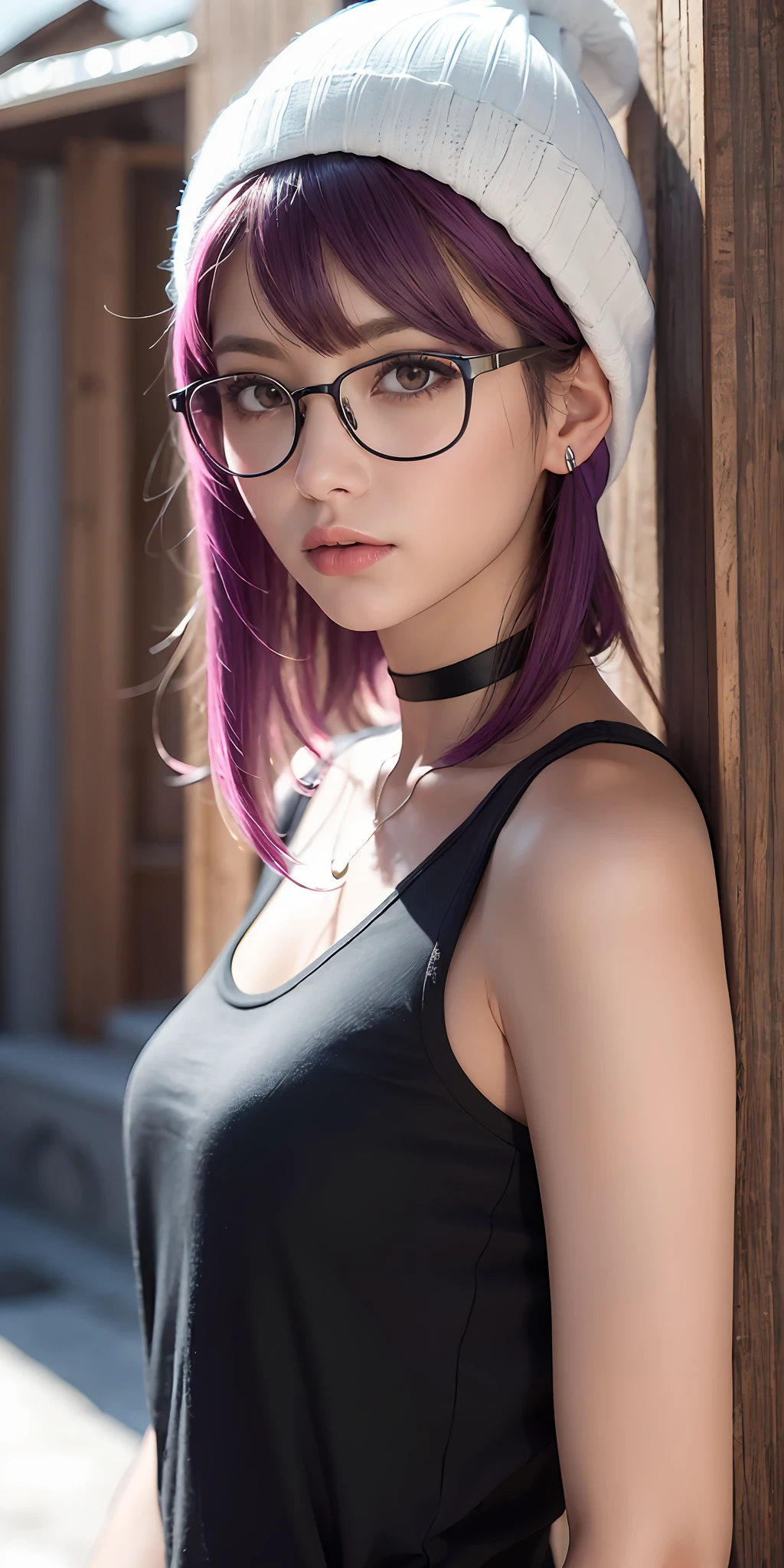 Create a stunning masterpiece featuring a highly detailed and realistic illustration of a beautiful girl. She should be the sole focus of the artwork, portrayed in a cowboy shot, with long, light purple hair, bangs, captivating red eyes, glasses, and wearing a black tank top. To add an additional touch, she should be wearing a ((white beanie)) and a stylish choker. Ensure the quality is top-notch and the attention to detail is remarkable
