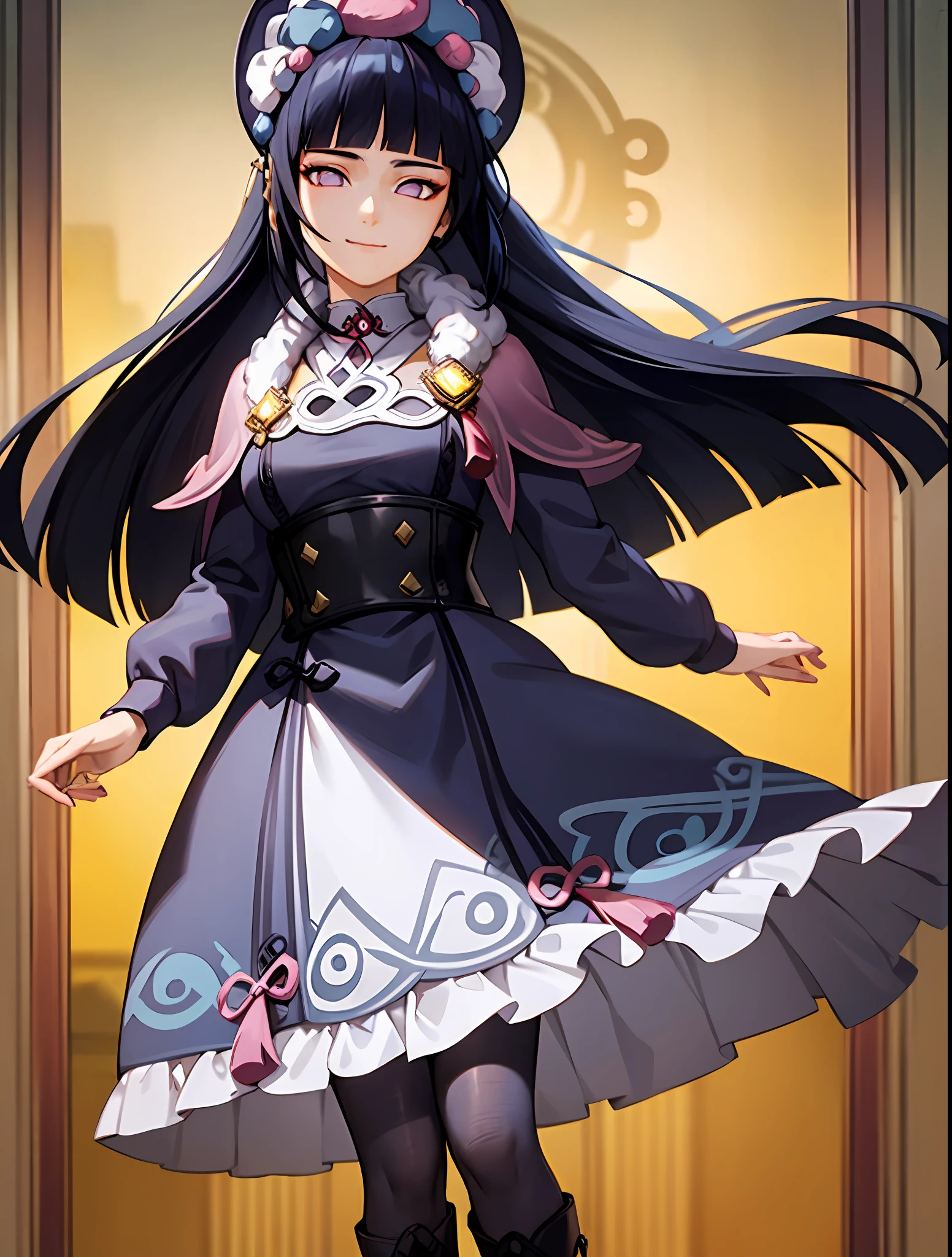 ((masterpiece:1.2)), best quality, (pretty face), dramatic lighting,1girl, solo, blunt bangs, hime cut, black corset, dark blue hair, collar, mascara, long hair, sidelocks, floating hair, looking at viewer, (makeup), pink capelet, qi ta, purple eyes, puffy long sleeves, bonnet, purple dress, (large breasts), (under bust), light smile, skirt, (purple pantyhose), (wind blowing skirt), anime screencap, (night sky), east asian architecture, Liyue, tassel, black footwear, (half closed eyes), genshin impact, boots, (full body view), (purple eyes:1.3), hyuuga hinata as yun jin, standing elegant