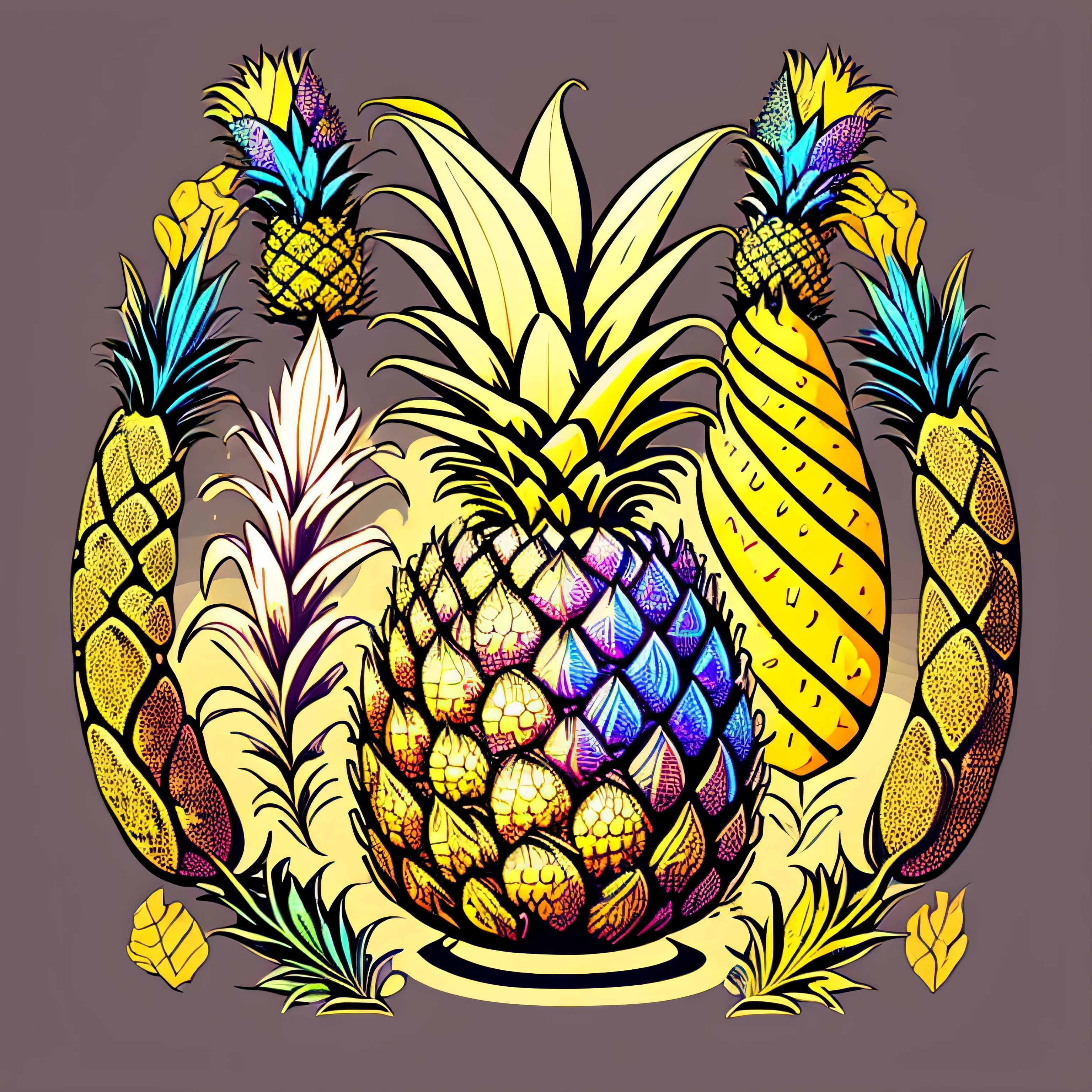 Line drawings,Pineapple,bananas,Cannabis,corn,botanical,Polychromatic,Colorful and rich, --auto