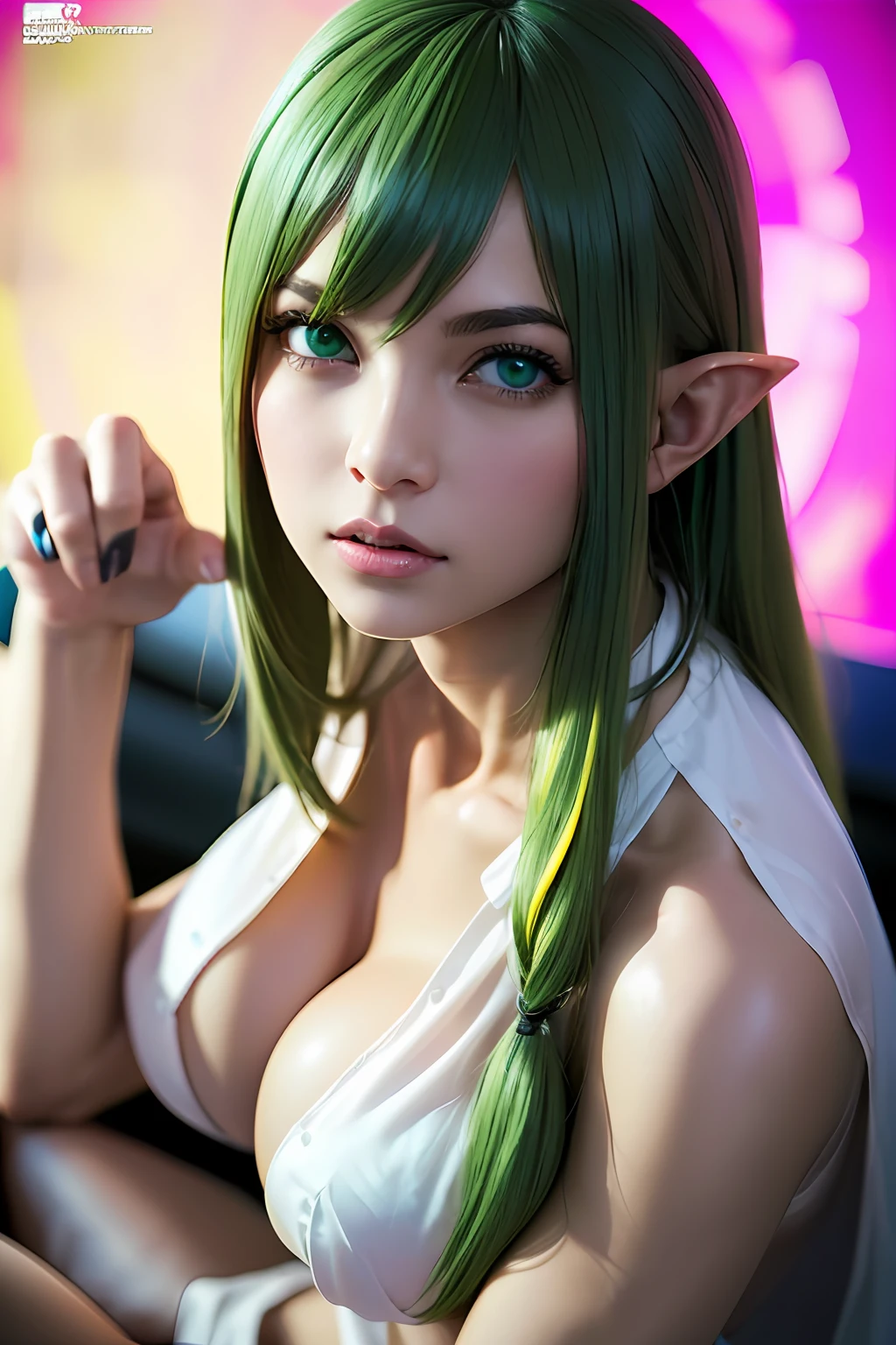 Super detailed complex 3D rendering of face, (big breasts: 8.8), (masterpiece, top quality, octane rendering,), glamour shots full body image, very beautiful young elf, cleavage, (very detailed skin: 1.2), (exposure: 1.1), cute woman getting naked. ((wearing a plummeting open shirt of white silk: 1.9, 40k, (((very soft breasts)), ((conspicuous large pink areola)). Beautiful Caucasian woman with black skin with full soft breasts and black skin of big ass, one, long braided hair, big breasts, dynamic angle, mystical expression, ultra-realistic photo, (((portrait)))), bare feet, futuristic city background, facial muscles, detailed and beautiful gold crown, in the style of Marvel Comics, ArtStation trends, clear focus, studio photography, Intricate Detail, Very Detailed, Detailed Blue Eyes, Very Detailed, Sharp Focus, Digital Rendering, Professional, Abs, Dark Grey Background, (((Yellow-Green Hair)), Crotch, Barefoot, ((((Sexy Pose)))),