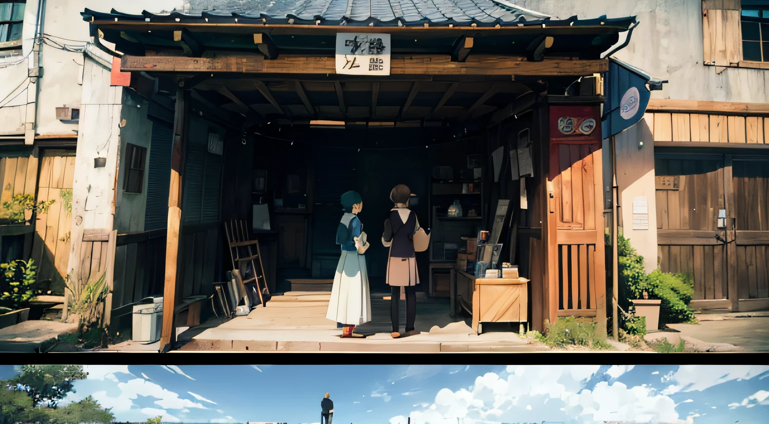 anime scene of a couple of people standing next to each other, style in ghibli anime, studio ghibli movie still, studio ghibli anime screenshot, medium shot of two characters, style in ghibli anime style, anime still image, still from studio ghibli, style of hayao miyazaki, anime movie screenshot, ghibli screenshot, still from anime, screenshot from the anime film