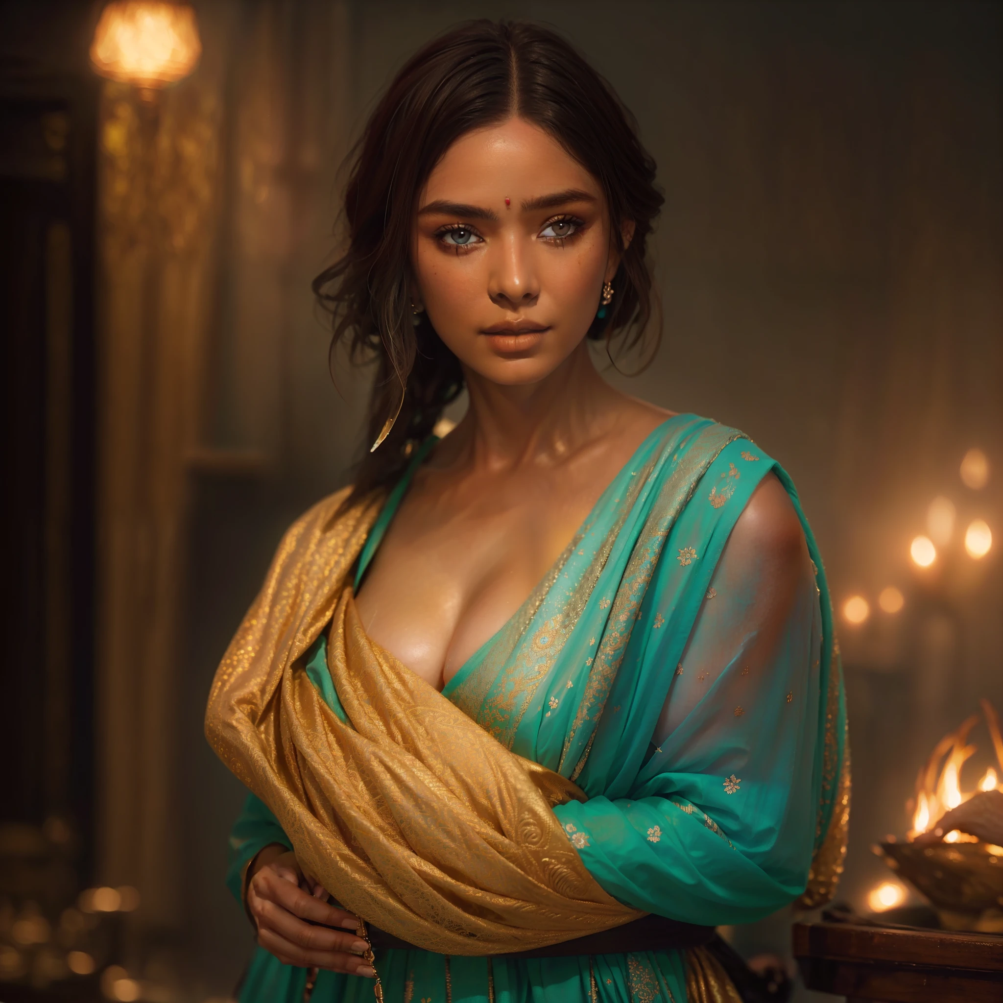Indian Bollywood actress in the style of nocturne, dreamy atmosphere, dark cyan and red, i can't believe how beautiful this is, serene atmosphere, piles/stacks, flickering light, epic realistic, broken old boat in big storm, illustrated by herg, style of tin tin comics, pen and ink,art by greg rutkowski and artgerm, soft cinematic light,hdr, intricate, highly detailed, (depth of field:1.4), faded, (neutral colors:1.2), (hdr:1.4), (muted colors:1.2), hyperdetailed, (artstation:1.4), cinematic, warm lights, dramatic light, (intricate details:1.1), complex background, (rutkowski:0.66), (teal and orange:0.4), (intricate details:1.12), hdr, (intricate details, hyperdetailed:1.15) (skin texture:1.2)