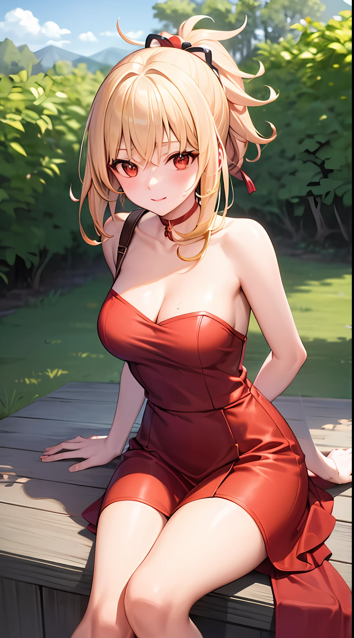 blonde, one girl, red eyes, dress, sexy