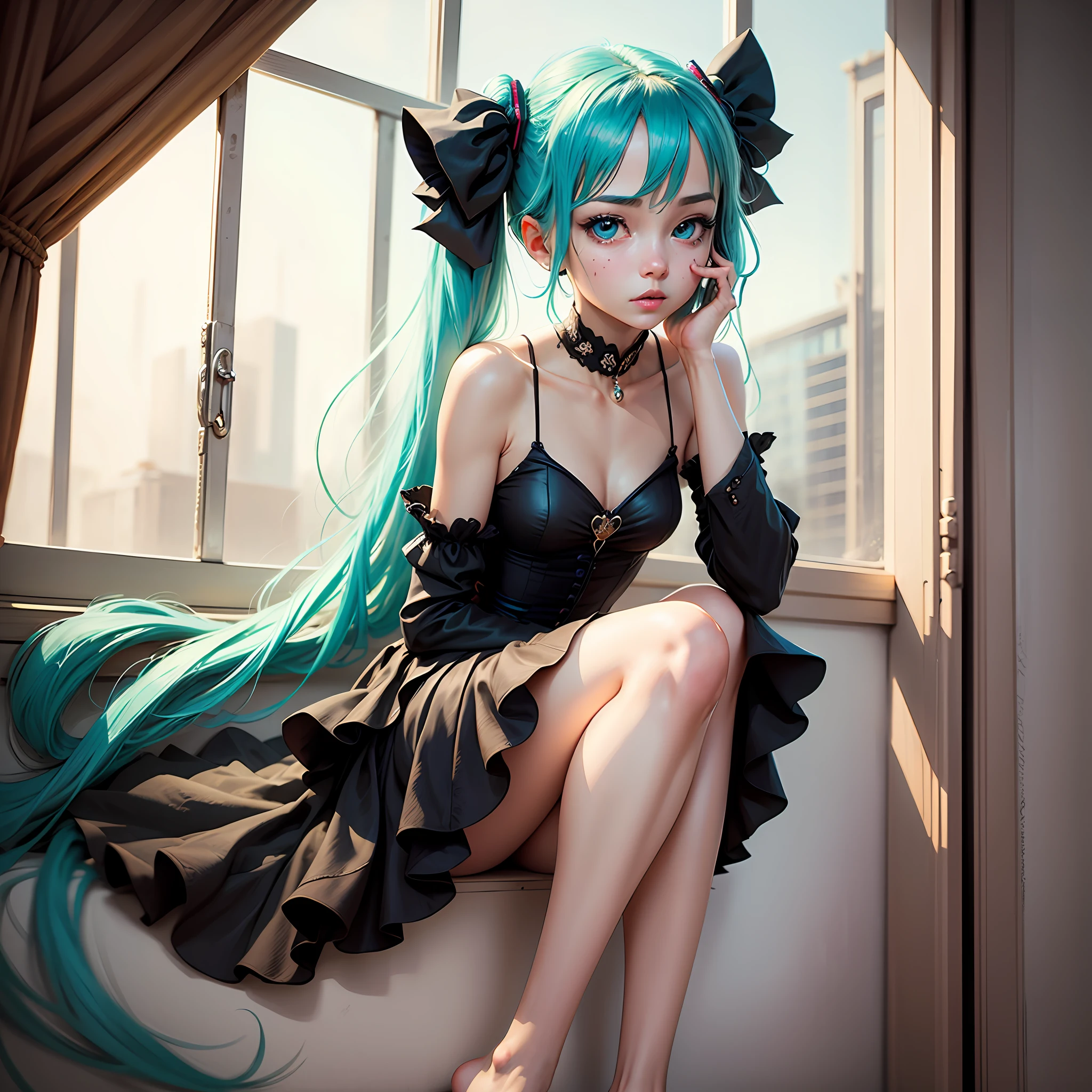 Hatsune Miku, (Ultra Real), (Illustration), (Hi-Res), (8K), (High Definition), (Best Illustration), (Beautiful Detailed Eyes), (Best Quality), (Super Detailed), (Masterpiece,), (Wallpaper), (Detailed Face), Solo, Exotic, One Girl, Aristocratic Dress, Gray Hair, Iris Heterochromatic Eyes, Small Moles Under Eyes, Middle Chest, Long Legs, Stunning Composition, Beautiful and Detailed Legs --auto