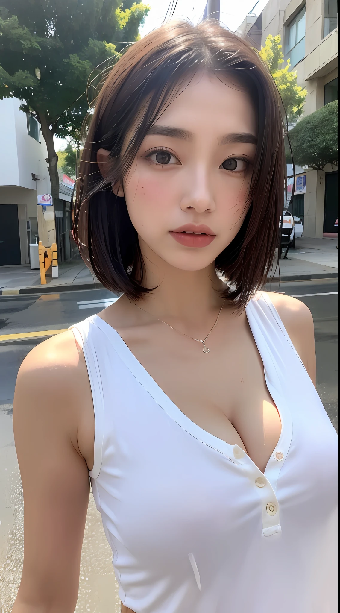 ((Top Quality, 8k, Masterpiece: 1.3)), Sharp Focus: 1.2, Beautiful Women with Perfect Body: 1.4, Slim Abdomen: 1.2, (((Bob Hair, Big: 1.3)), (No Bra) (Small and Beautiful Hard Nipples) (Thin moist buttons up to shirt length: 1.1), (White shirt wet from rain), (Rain, Street: 1.2), Wet body: 1.1, Highly detailed face and skin texture, Detailed eyes, double eyelids, tanned skin, sexy, tanned, dark skin, tanned body, exposed shoulders, cleavage, similar to Suzu Hirose