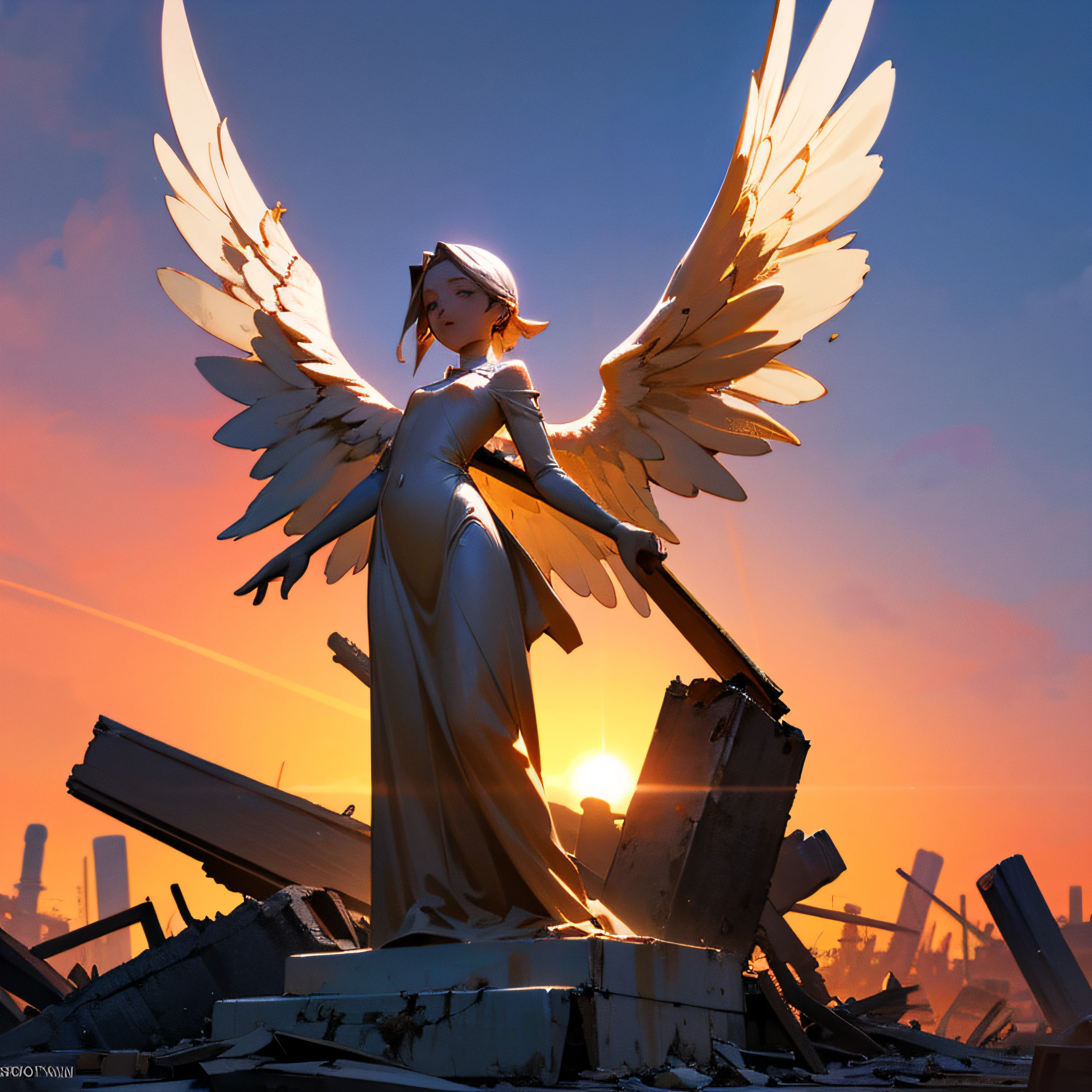 generate an image of an small female elegant angel sculpture in a big abandoned yard. The angel is on the left side and facing towards right. with the sunset background