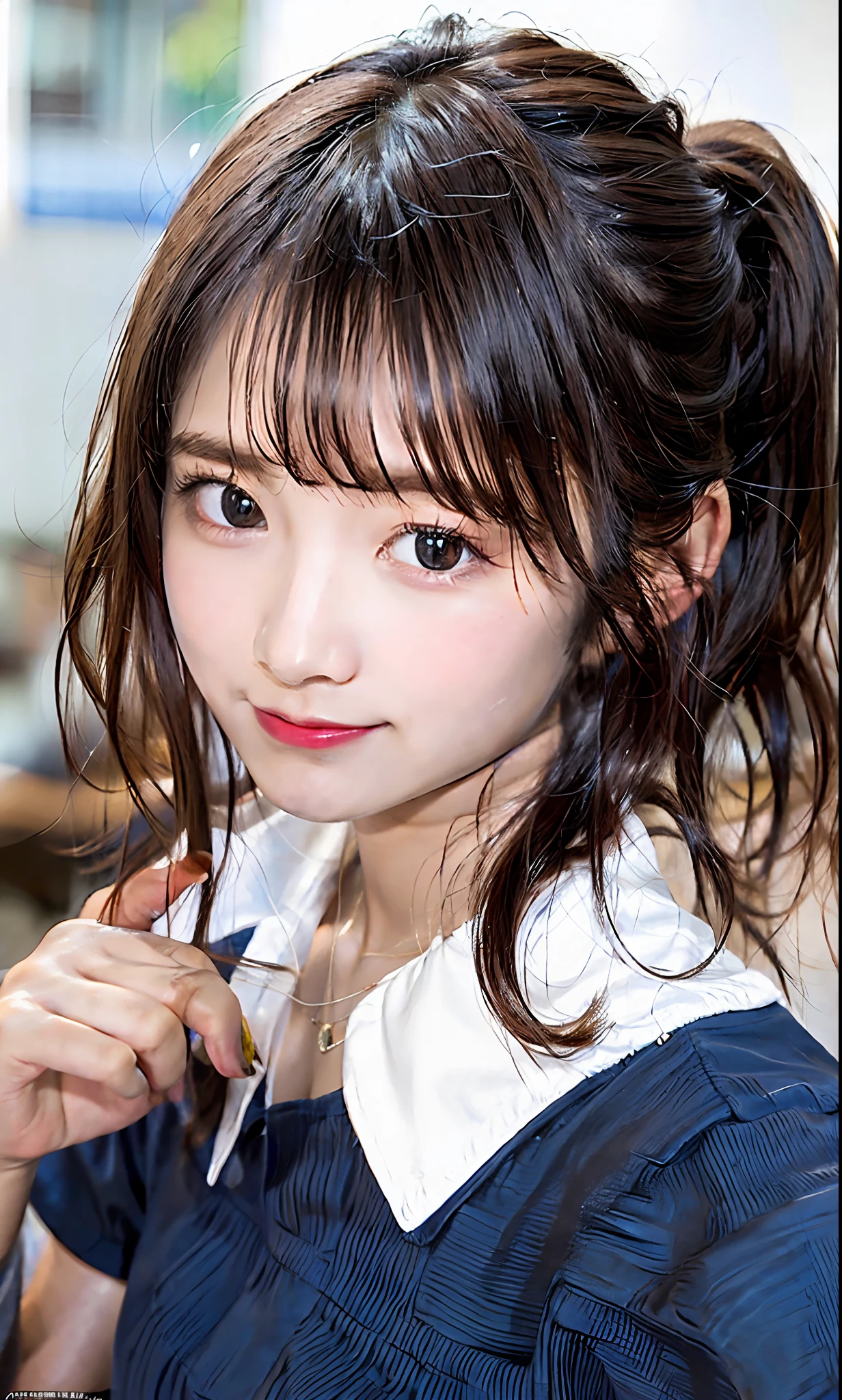 ulzzang-6500-v1.1, (Raw photo:1.2), (Photorealistic:1.4), Beautiful detailed girl, Very detailed eyes and face, Beautiful detailed eyes, Ridiculous, Incredibly ridiculous, Huge file size, Ultra detailed, High Definition, Very detailed, Best quality, Masterpiece, Kemomimi, ((Japan Underground Idol Costume)), Illustration, Very detailed, CG, unification, 8k wallpaper, fantastic, fine details, masterpiece, best quality, highly detailed cg uniform 8k wallpaper, light on face, movie lighting, 19 year old girl, ((smile)), ((dynamic pose))), ((big), (dark blue skirt), (slender figure)), dark brown hair color, ponytail hairstyle, transcendent beautiful girl,