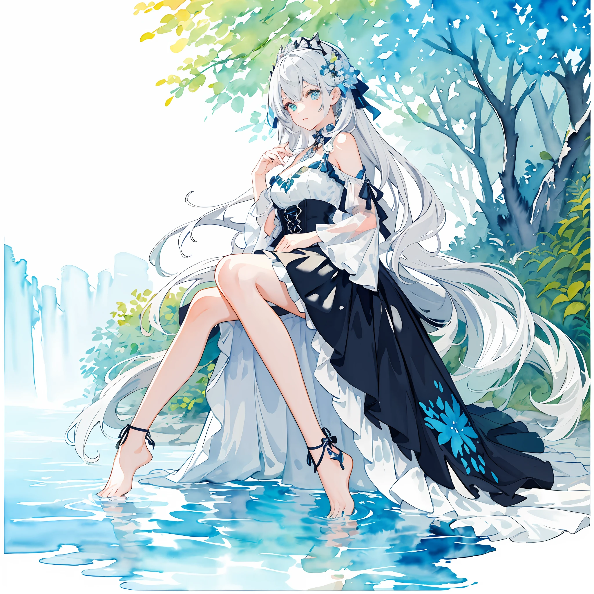(highest quality), (masterpiece: 1.2), (colorful: 0.9), ((ink splash)), (color splashing), (((watercolor)))), clear focus, model shot, full body,
(Summer Portrait Goddess: 1.5), cute look, elegant white colored hair, beautiful detailed face and eyes, elegant goddess clothes, ((Summer forest background)),
Colored Water, Forest,(((watercolor))))